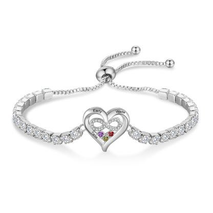 Bracciale da tennis personalizzato con cuore infinito, nomi e pietre di nascita, regolabile con zirconi, regalo per donna