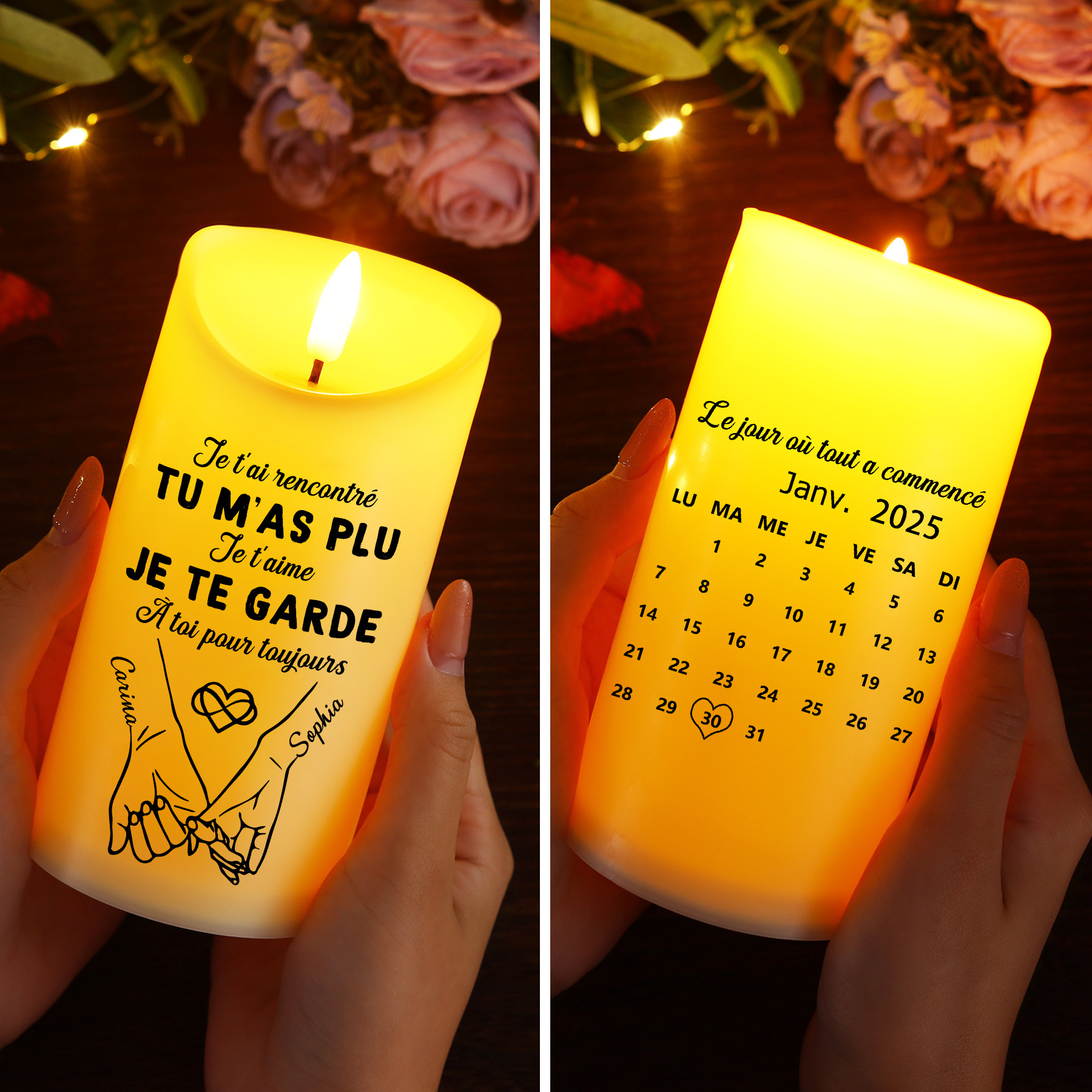 Candela a LED personalizzata per coppia con 2 nomi