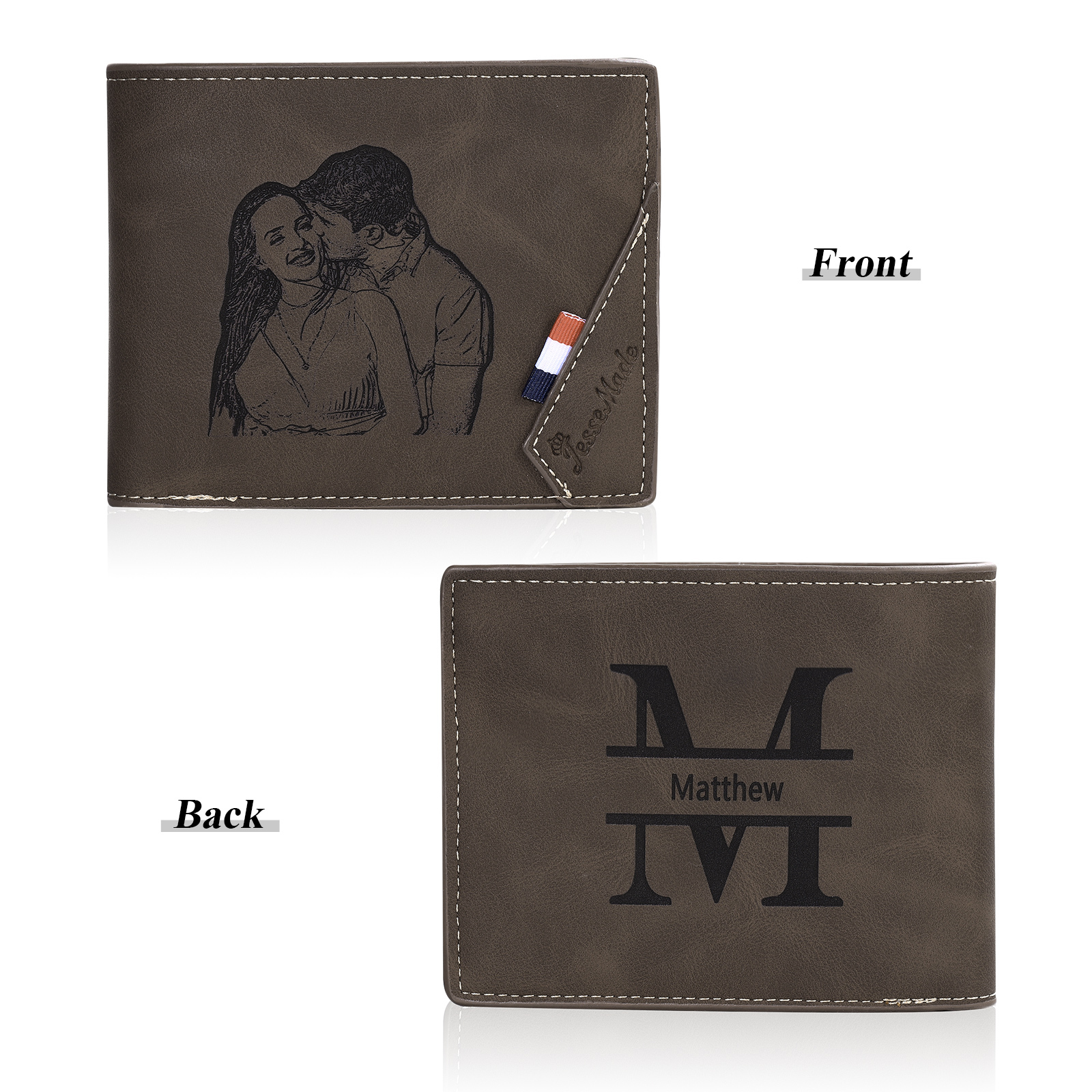 Portafoglio Bifold in pelle personalizzato con foto incisa e nome, regalo per uomo