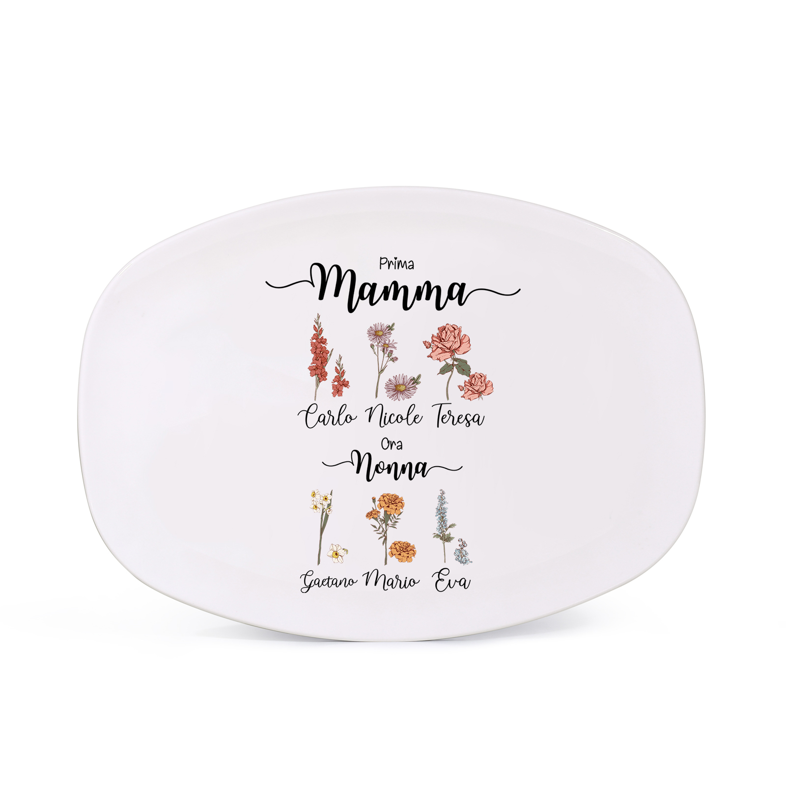 Piatto ovale personalizzato con fiore del mese di nascita per mamma/nonna