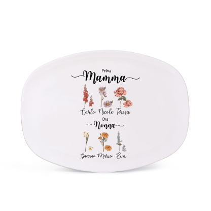 Piatto ovale personalizzato con fiore del mese di nascita per mamma/nonna
