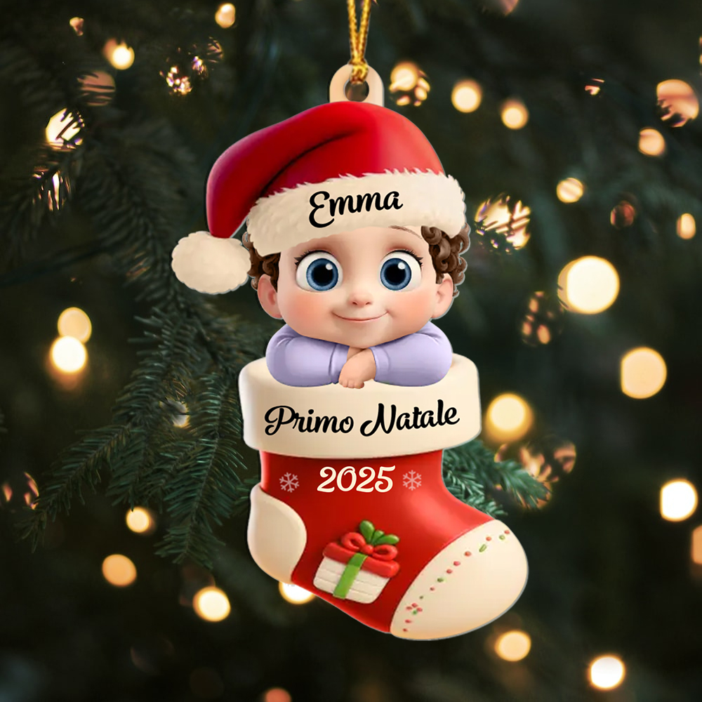 Ornamento per il primo Natale del neonato personalizzato, decorazione per albero a forma di calza personalizzabile con nome e anno, regalo per neonato e neogenitori | Jessemade