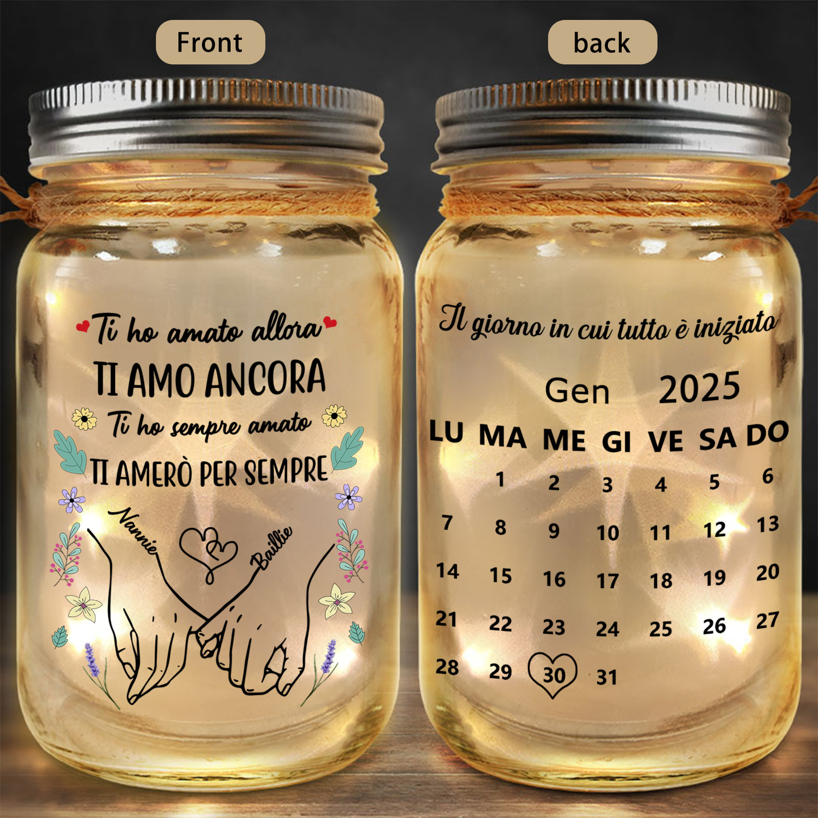 Bottiglia luminosa a energia solare con calendario personalizzato, barattolo Mason, per una coppia
