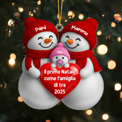 Decorazione per albero di Natale personalizzata con 3 pupazzi di neve per neogenitori