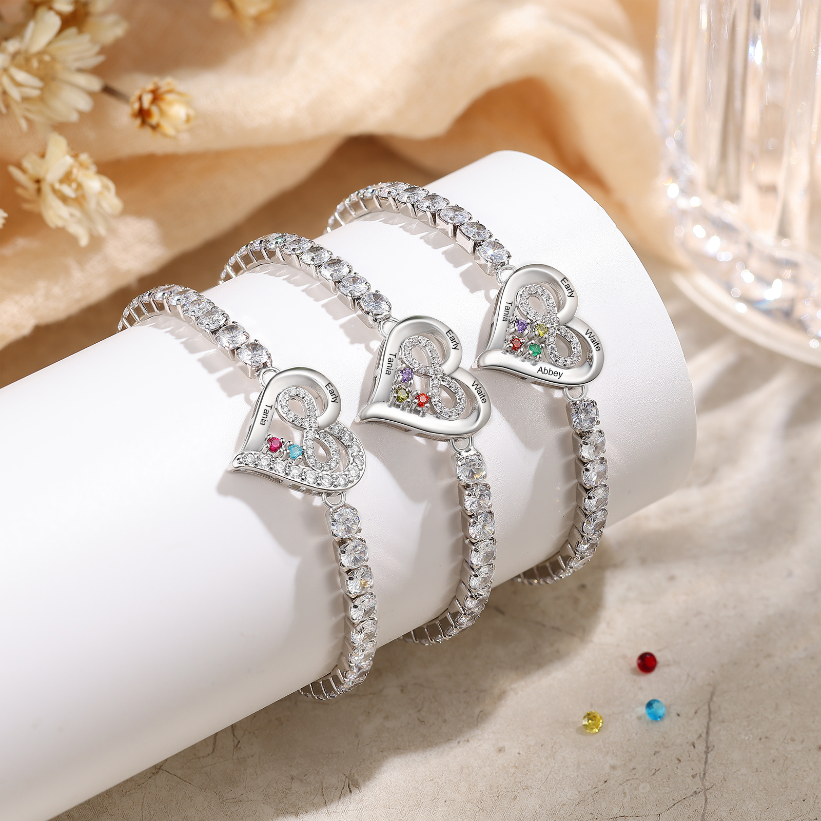 Bracciale da tennis personalizzato con cuore infinito, nomi e pietre di nascita, regolabile con zirconi, regalo per donna