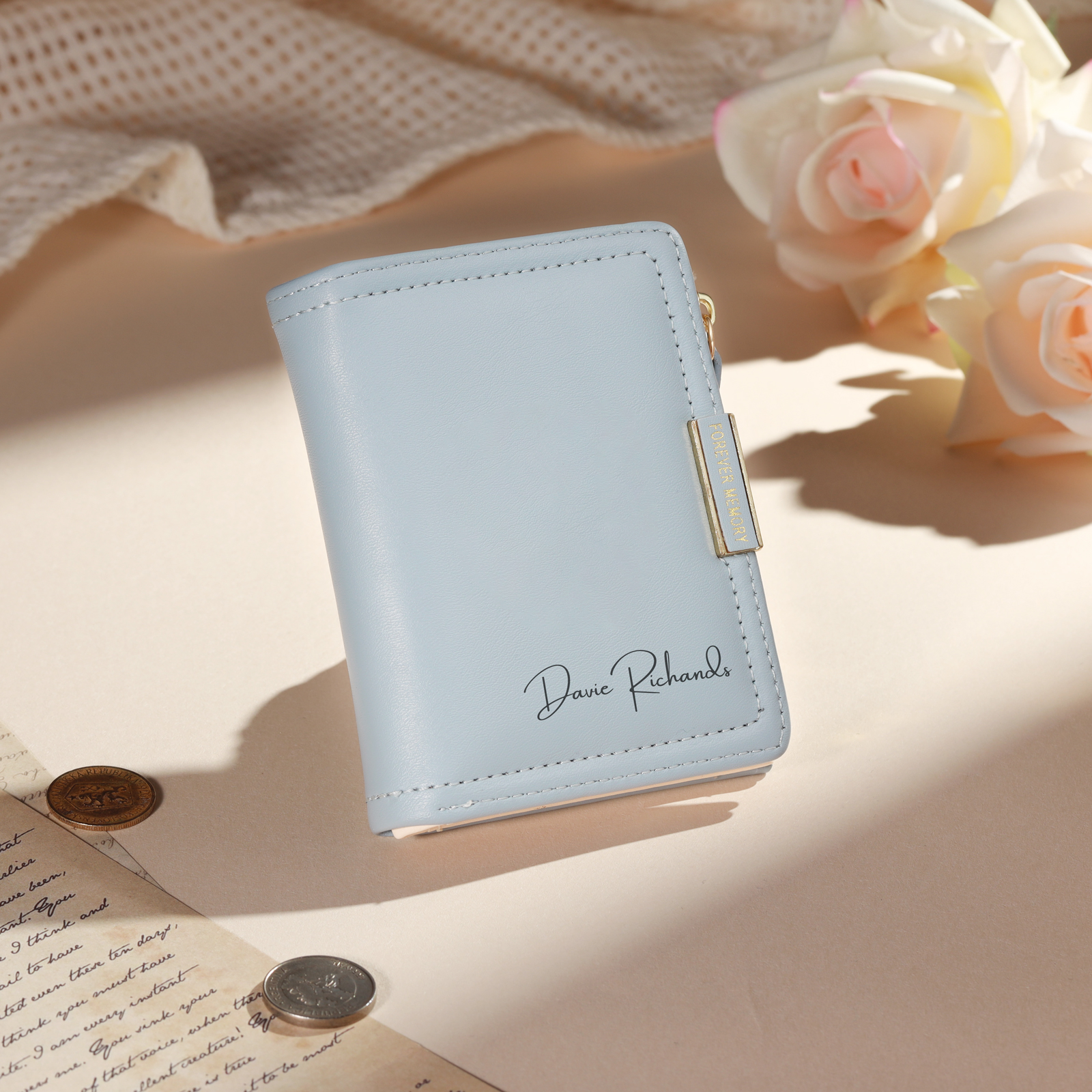 Portafoglio personalizzato in pelle con cerniera, foto e nome inciso