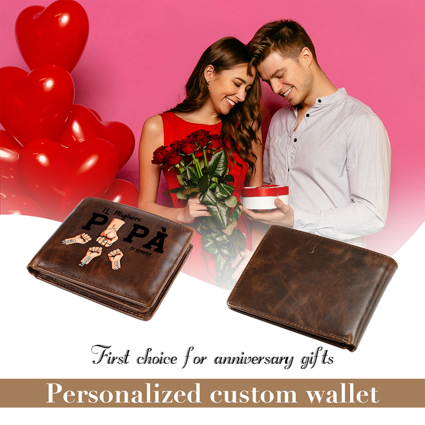 Portafoglio Personalizzato in Vera Pelle con Nomi – Miglior Nonno/Papà del Mondo