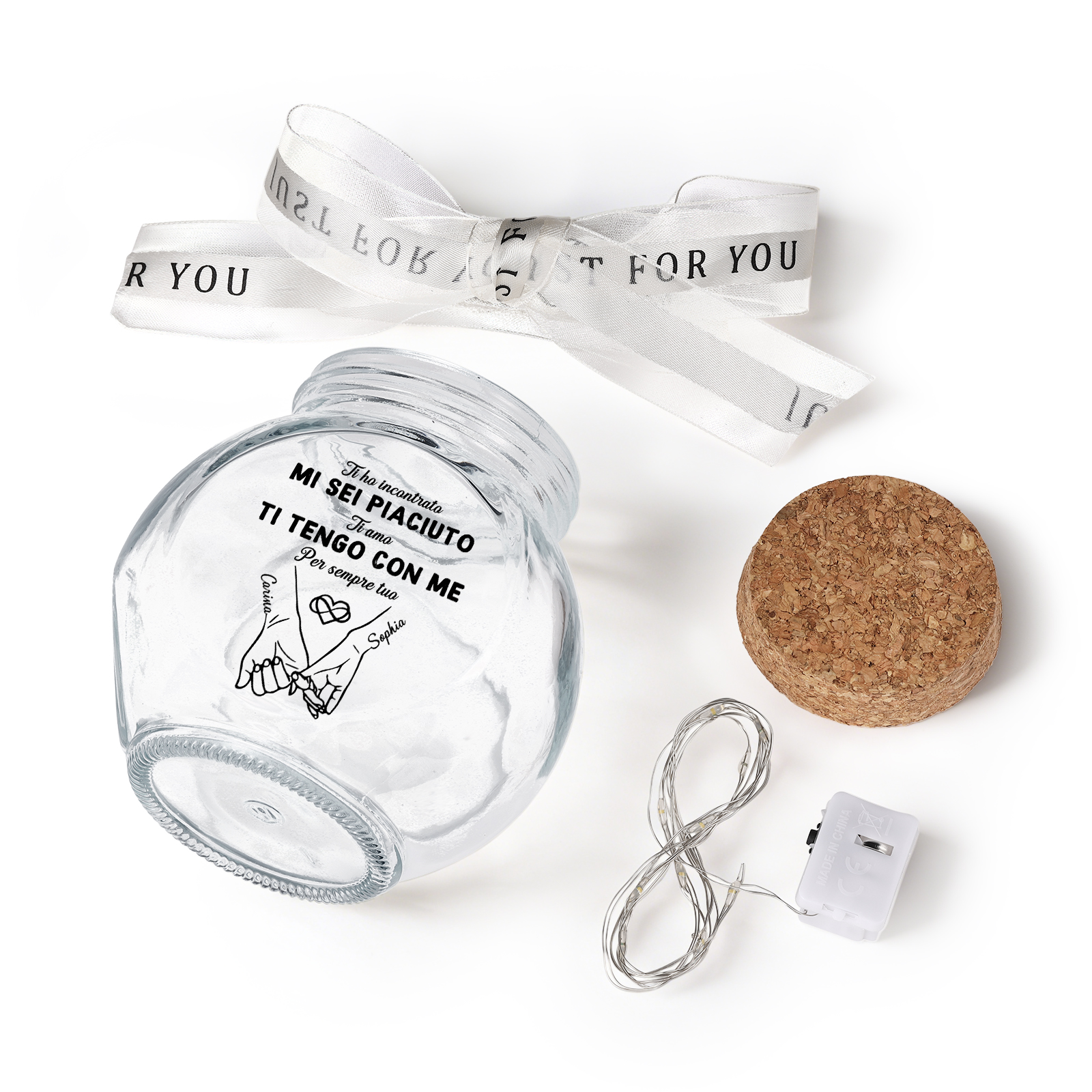 Bottiglia Luminosa Personalizzata in Vetro, Barattolo Luminoso a LED con Fiocco di Nastro