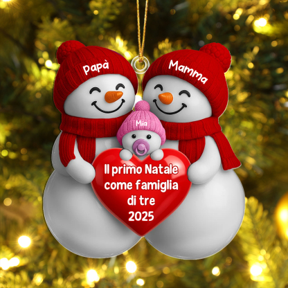 Decorazione per albero di Natale personalizzata con 3 pupazzi di neve per neogenitori