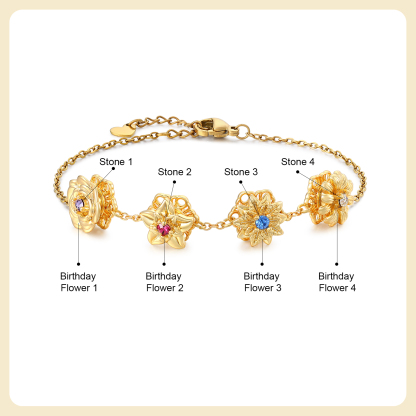 Bracciale Personalizzato da Donna con 2-4 Pietre di Nascita e Fiori di Nascita, Bracciale Rotante per Donna | Jessemade