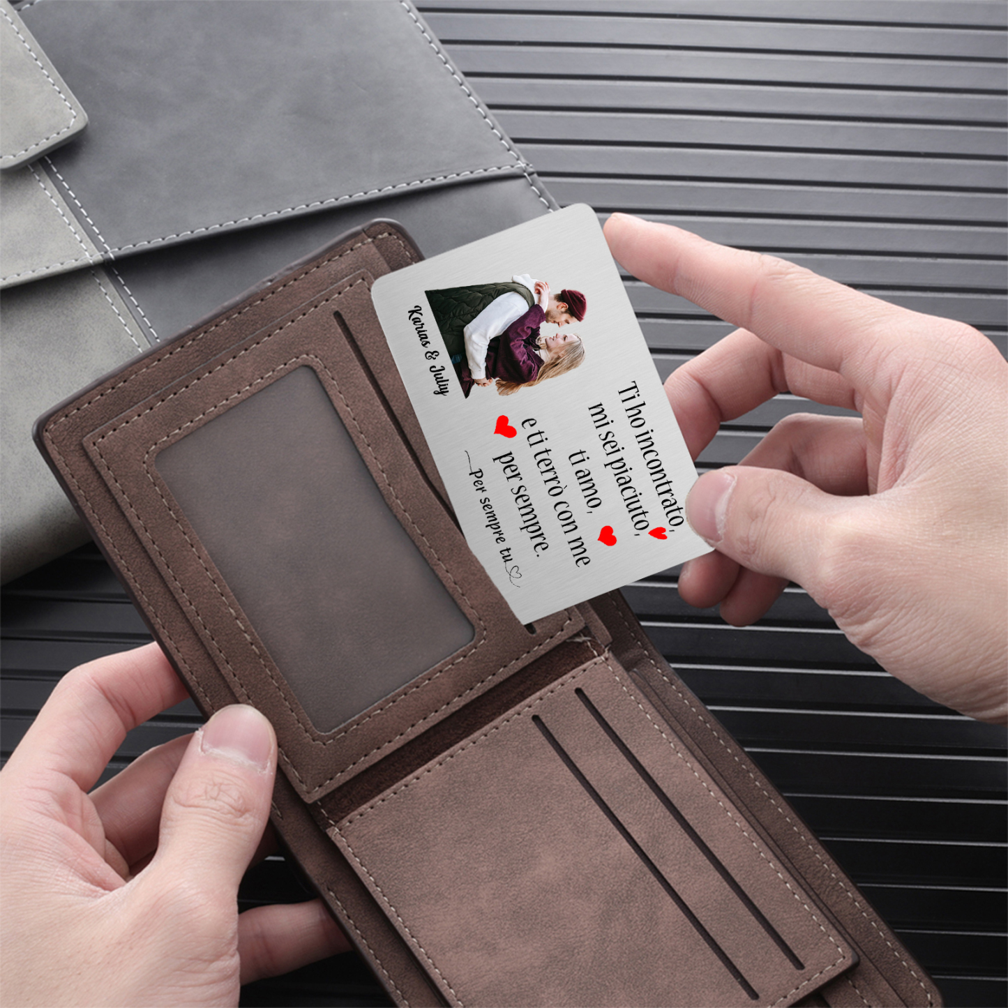 Set Regalo Personalizzato - Portafoglio in Pelle, Portachiavi con Foto e Carta Incisa per Lui | Jessemade