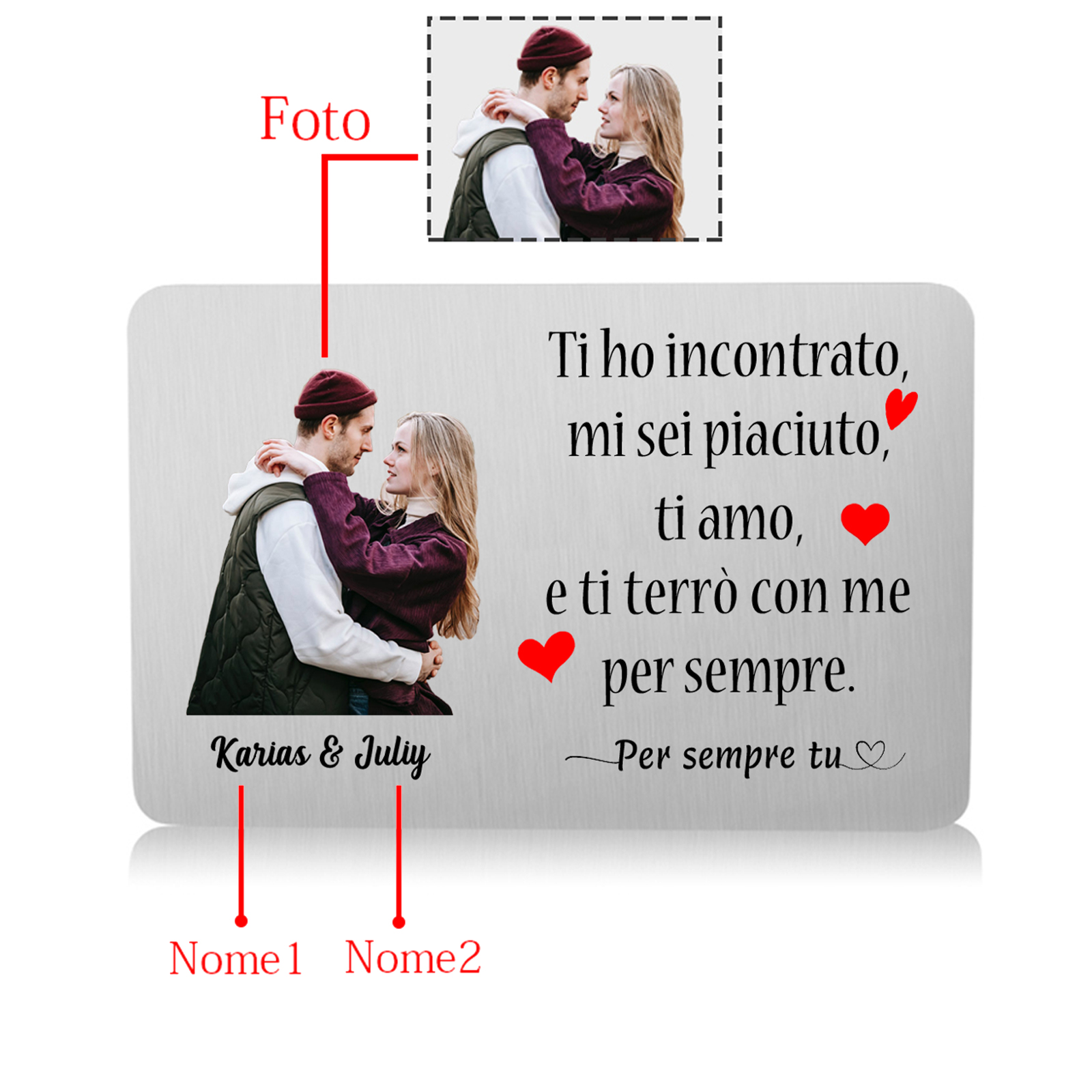 Carta Personalizzata in Acciaio Inossidabile con 1 Foto e 2 Nomi - "Ti Amo, e Ti Terrò con Me per Sempre" - Regalo di Natale per Lui/Lei | Jessemade