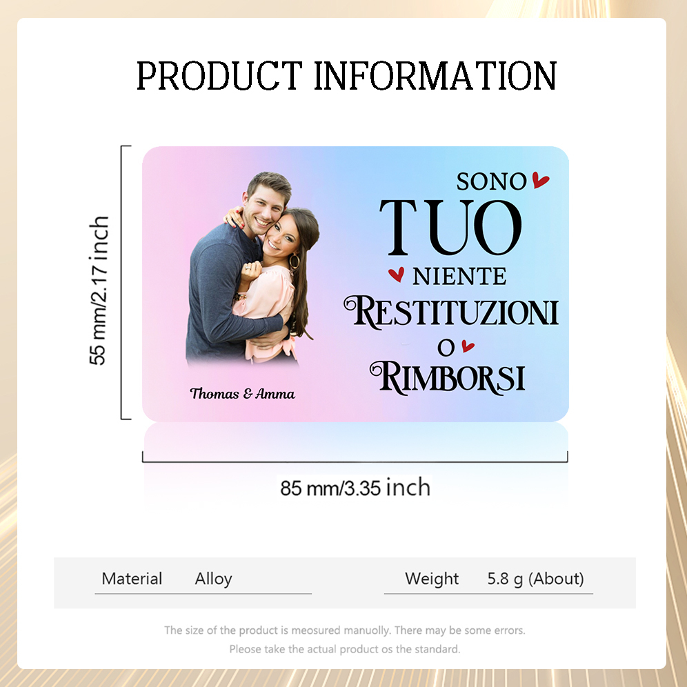 Carta Personalizzata in Acciaio Inossidabile con 1 Foto e 2 Nomi - "Sono Tuo, Niente Restituzioni o Rimborsi" - Regalo di Natale per Lui/Lei | Jessemade