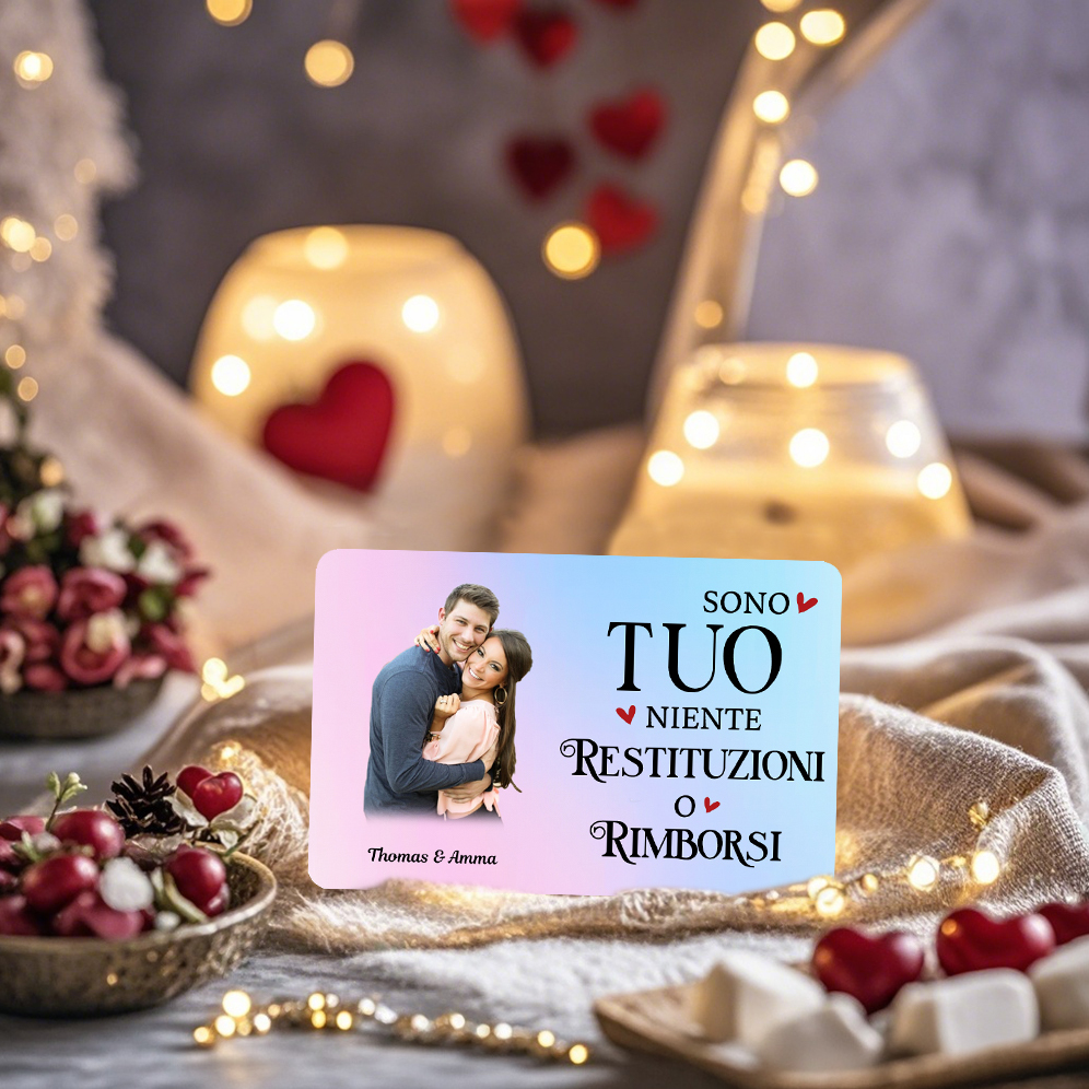 Carta Personalizzata in Acciaio Inossidabile con 1 Foto e 2 Nomi - "Sono Tuo, Niente Restituzioni o Rimborsi" - Regalo di Natale per Lui/Lei | Jessemade