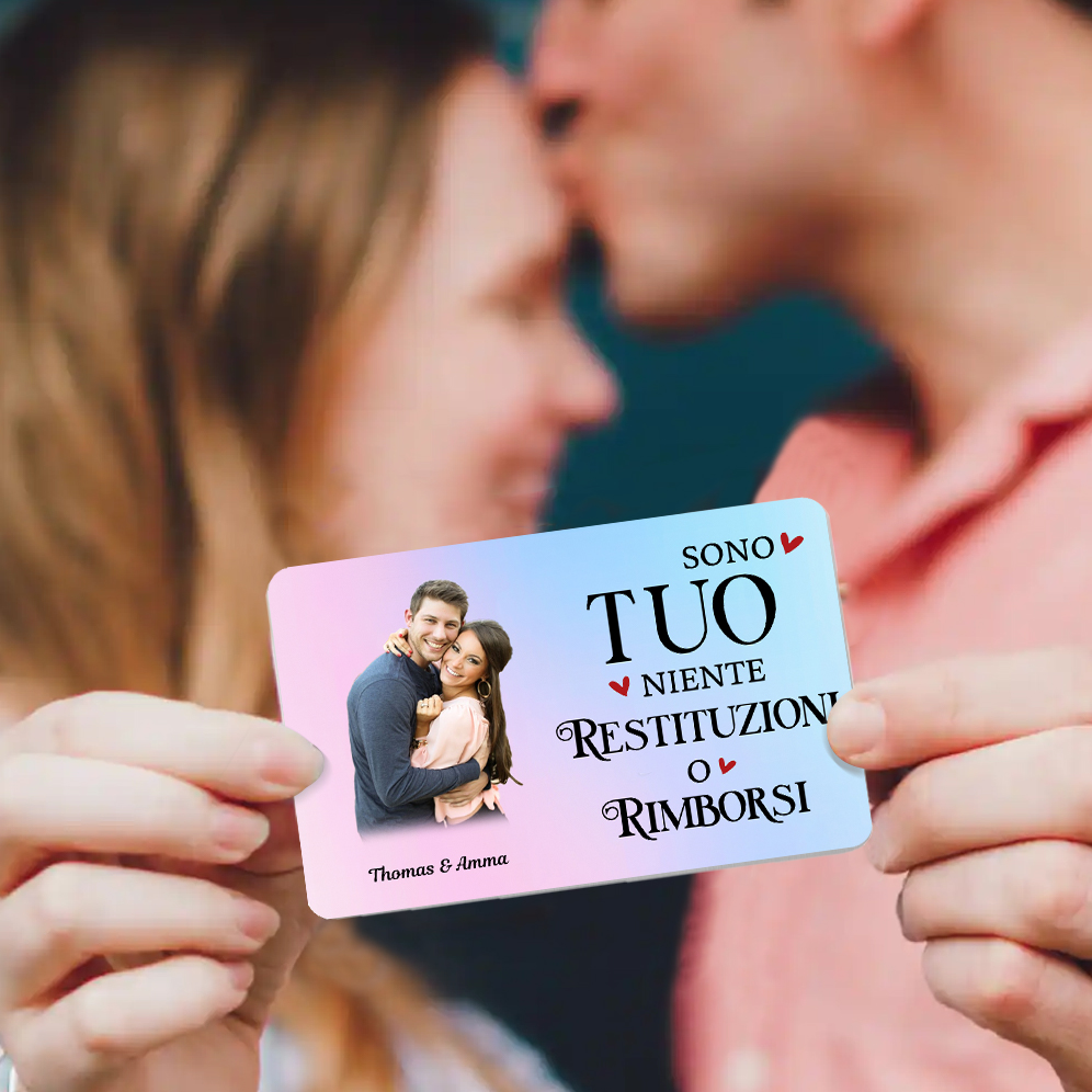 Carta Personalizzata in Acciaio Inossidabile con 1 Foto e 2 Nomi - "Sono Tuo, Niente Restituzioni o Rimborsi" - Regalo di Natale per Lui/Lei | Jessemade