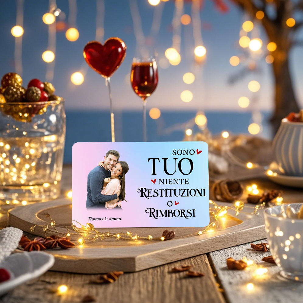 Carta Personalizzata in Acciaio Inossidabile con 1 Foto e 2 Nomi - "Sono Tuo, Niente Restituzioni o Rimborsi" - Regalo di Natale per Lui/Lei | Jessemade