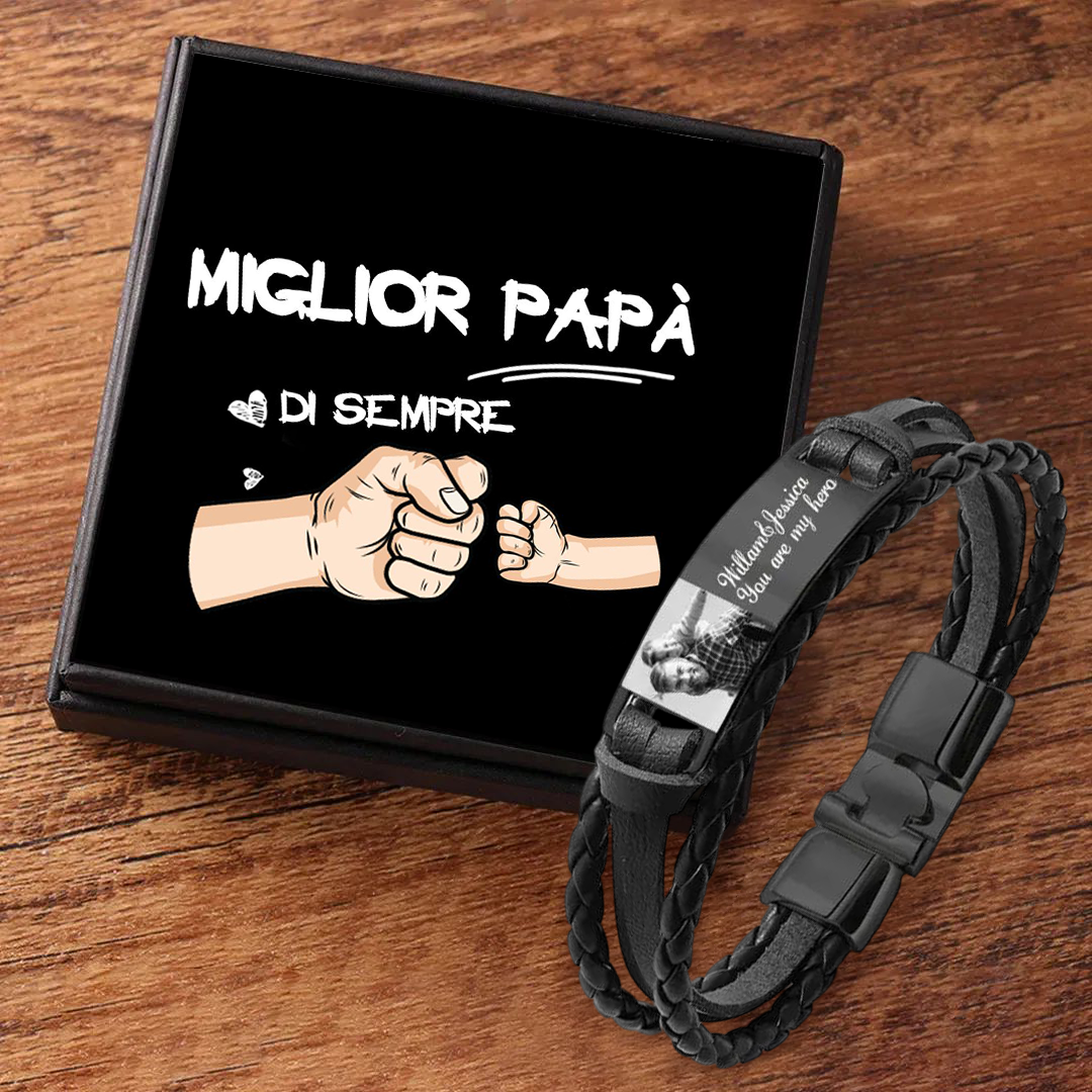 Bracciale in Pelle Personalizzato per Uomo – Incisione 1 Foto & 1 Testo – Disponibile in 3 Colori – Regalo Speciale per Papà | Jessemade