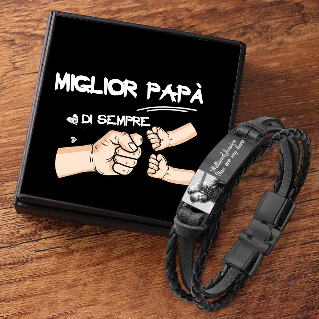 Bracciale in Pelle Personalizzato per Uomo – Incisione 1 Foto & 1 Testo – Disponibile in 3 Colori – Regalo Speciale per Papà | Jessemade