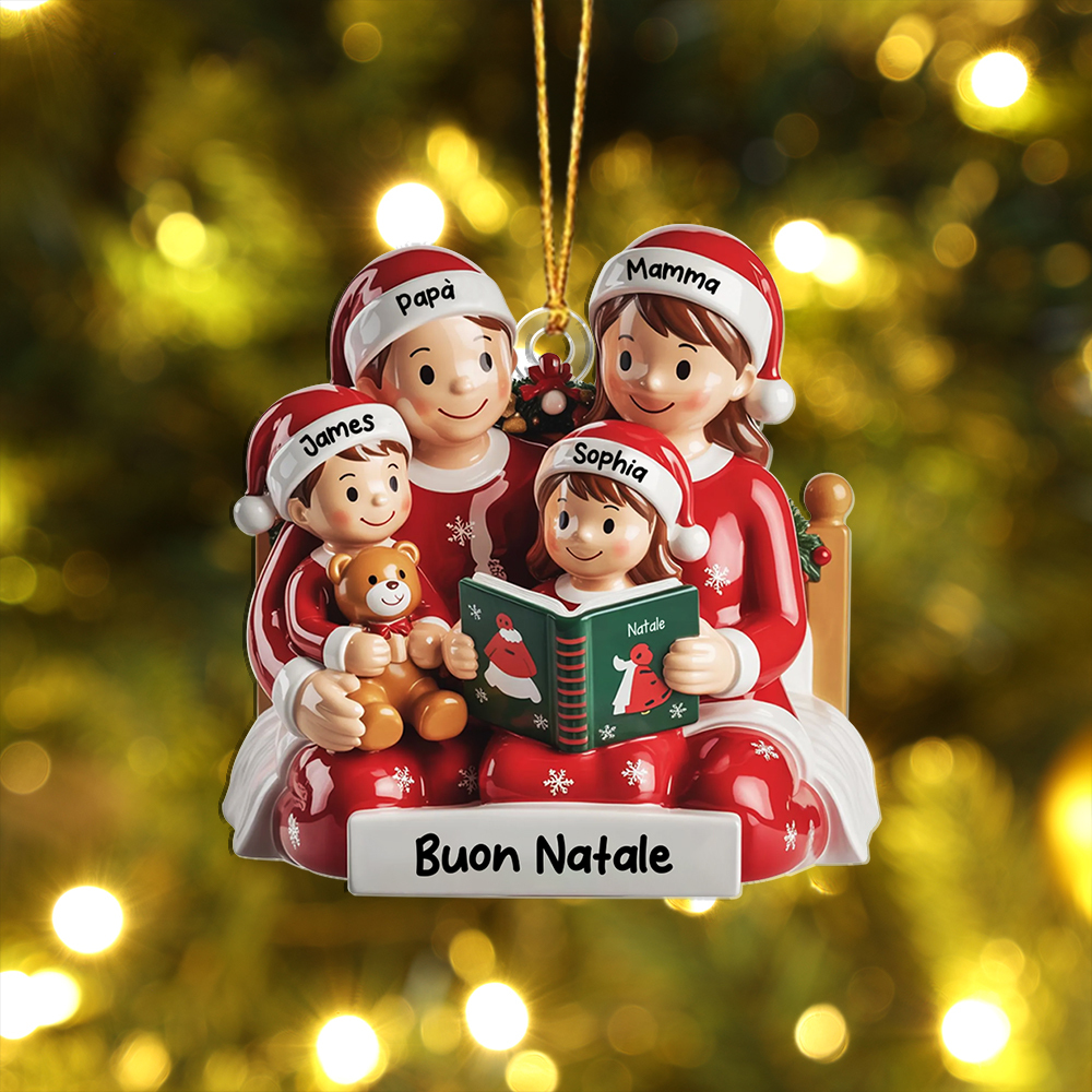 Decorazione personalizzata per albero di Natale con berretti di Babbo Natale, a tema libri per la famiglia