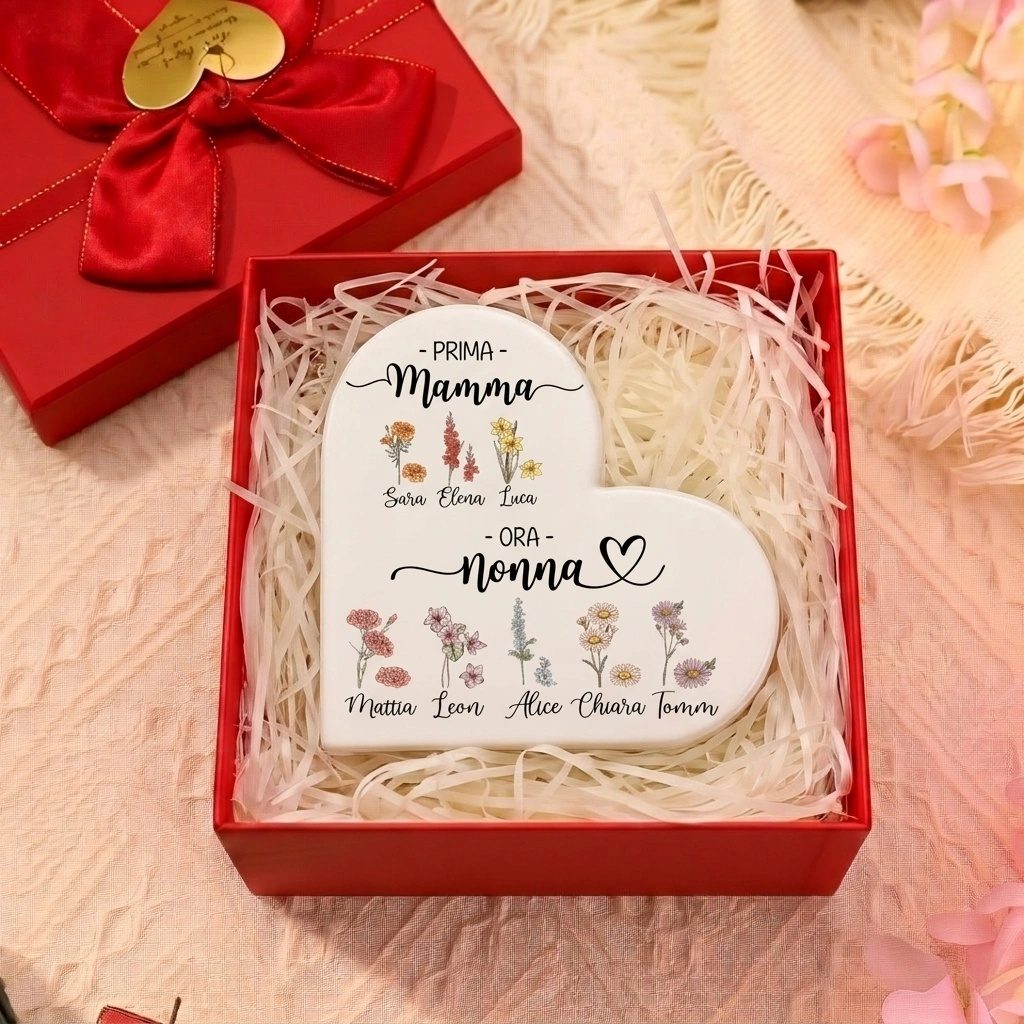Vaso Cuore in Ceramica Personalizzato con 2–10 Nomi e Fiori di Nascita, regalo per la Festa della Mamma per Nonna e Mamma