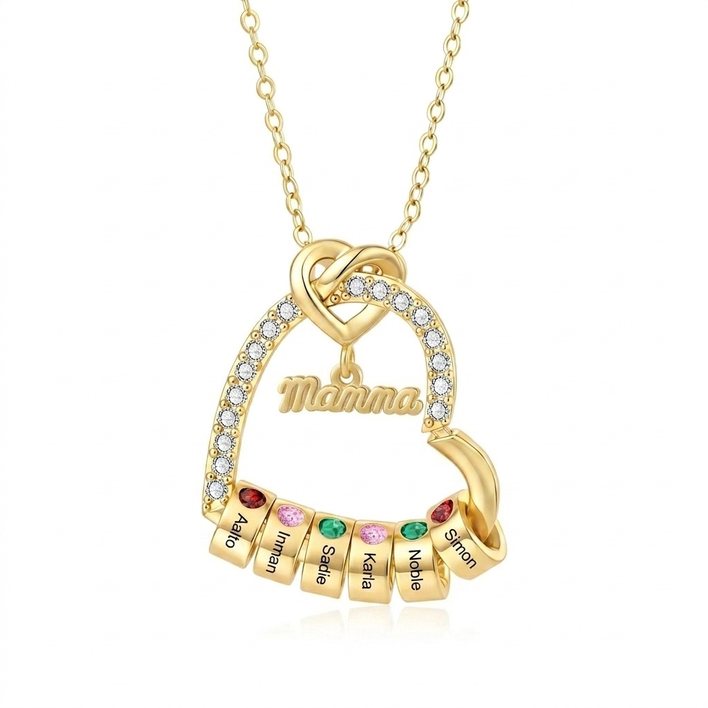 Collana Personalizzata a Cuore con Ciondoli e Pietre di Nascita Regalo per Mamma e Nonna Personalizzabile con 1–5 Nomi