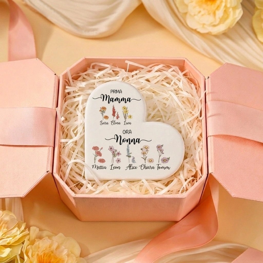 Vaso Cuore in Ceramica Personalizzato con 2–10 Nomi e Fiori di Nascita, regalo per la Festa della Mamma per Nonna e Mamma
