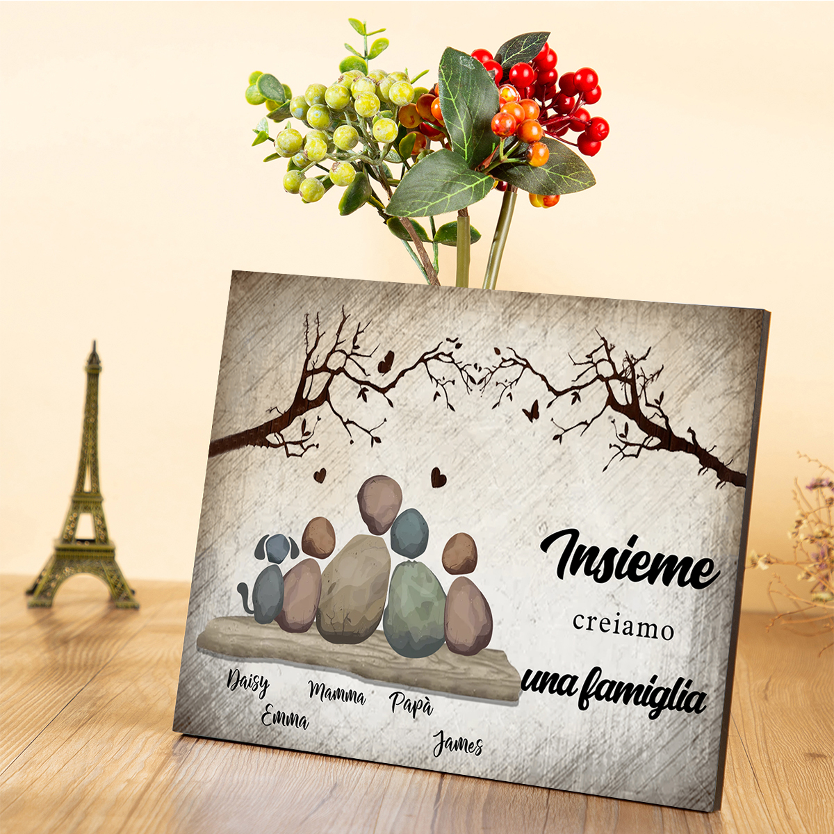 Cornice con quadro di famiglia in ciottoli di legno personalizzati con nomi – regalo per la famiglia