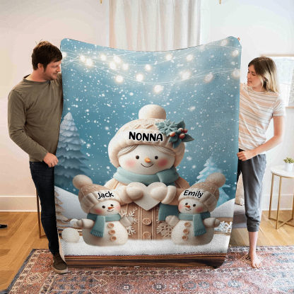 Coperta Personalizzata con Motivo di Pupazzi di Neve - Fino 3-7 Nomi - Dimensioni 100x150cm - Regalo di Natale per la Famiglia | Jessemade