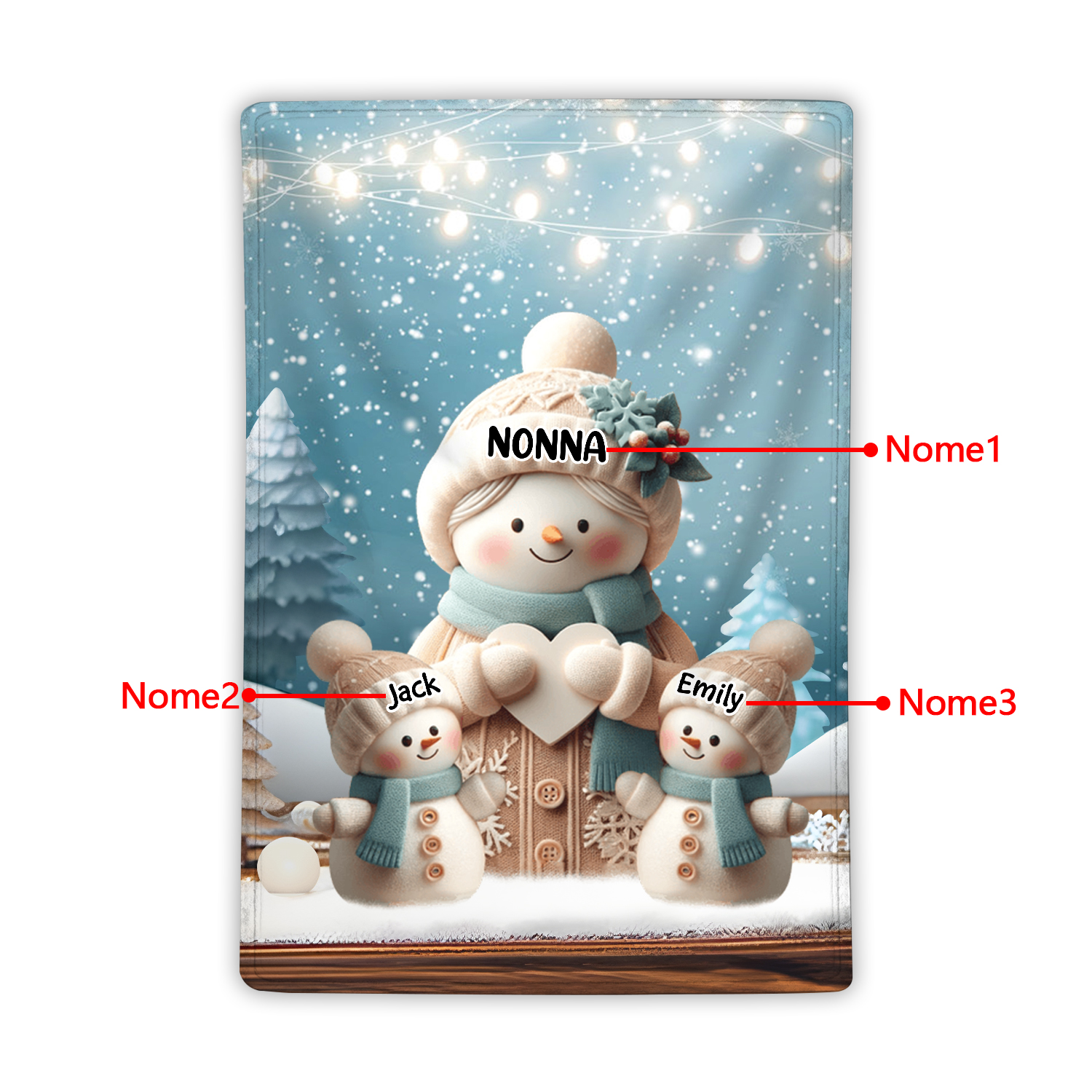 Coperta Personalizzata con Motivo di Pupazzi di Neve - Fino 3-7 Nomi - Dimensioni 100x150cm - Regalo di Natale per la Famiglia | Jessemade