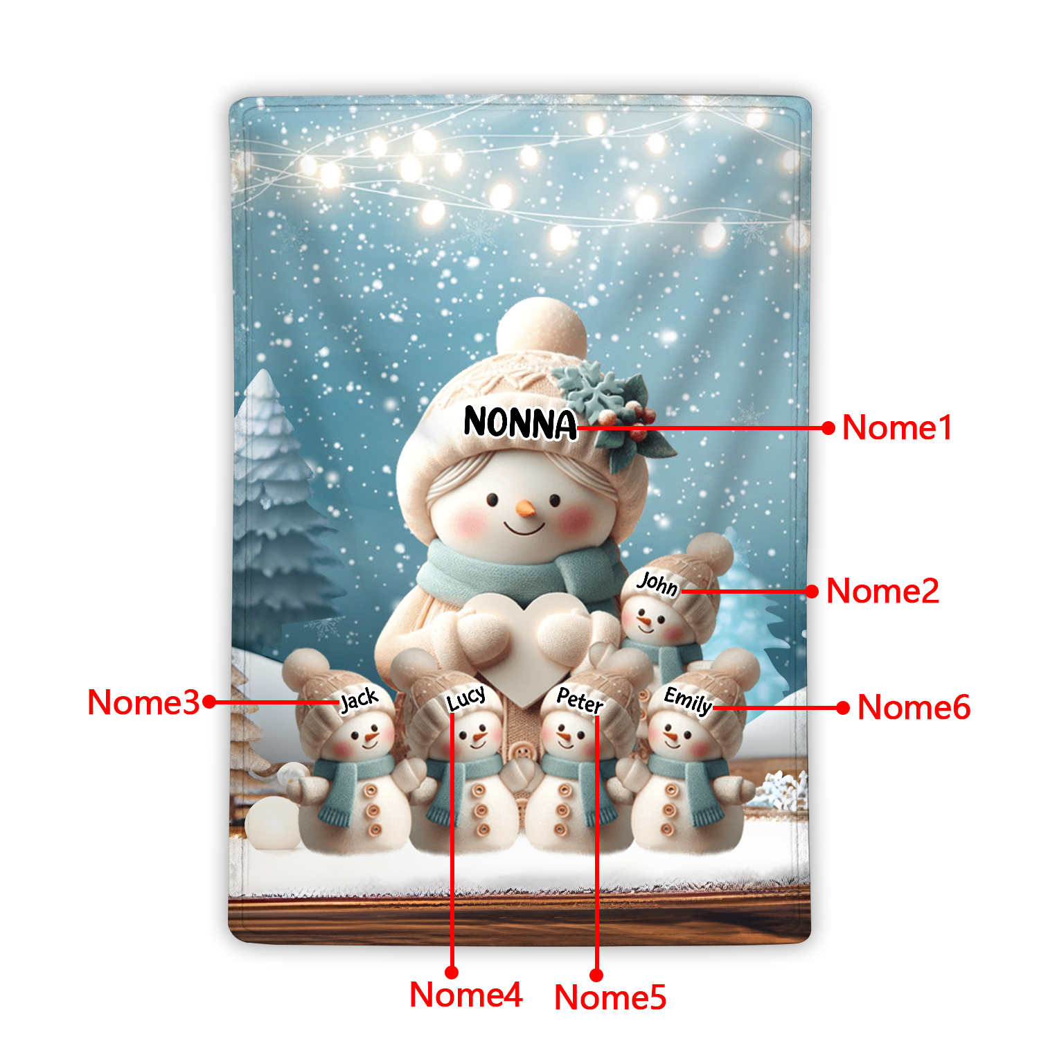 Coperta Personalizzata con Motivo di Pupazzi di Neve - Fino 3-7 Nomi - Dimensioni 100x150cm - Regalo di Natale per la Famiglia | Jessemade