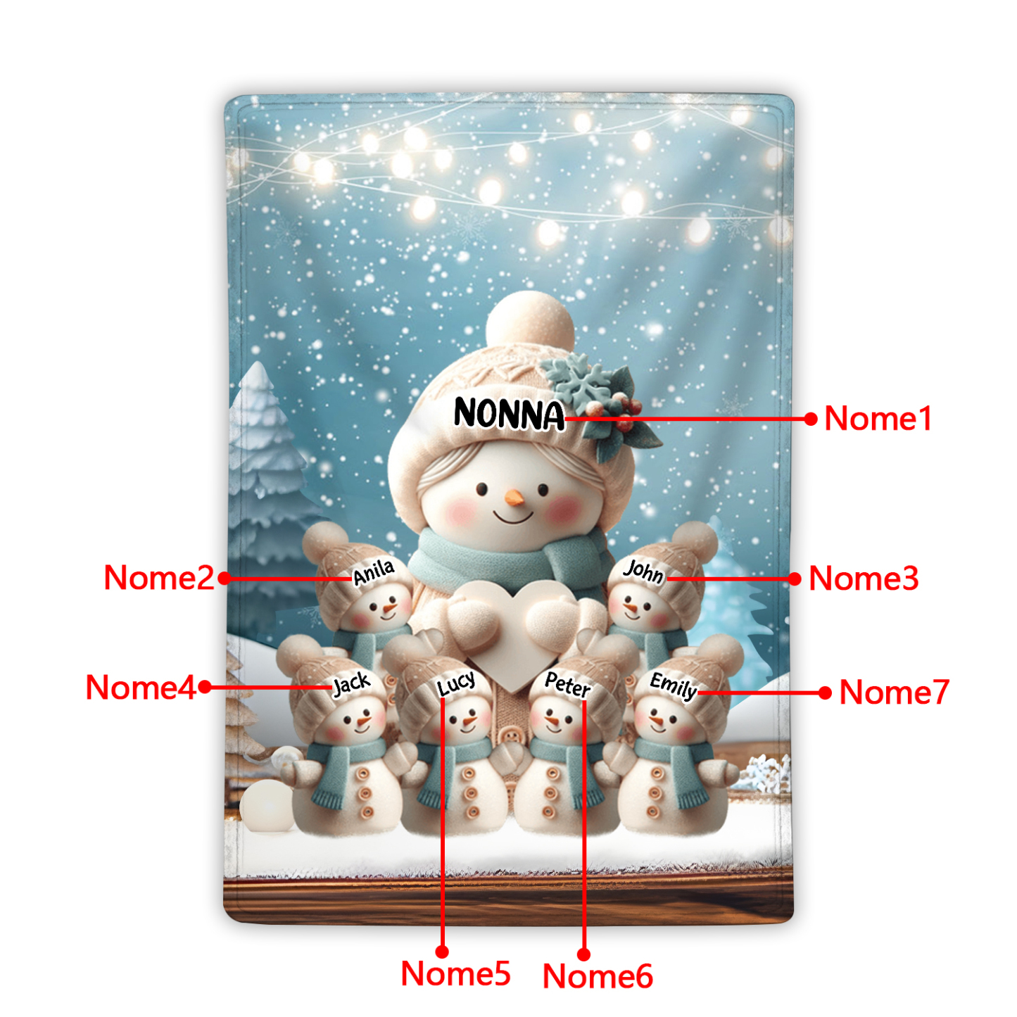 Coperta Personalizzata con Motivo di Pupazzi di Neve - Fino 3-7 Nomi - Dimensioni 100x150cm - Regalo di Natale per la Famiglia | Jessemade
