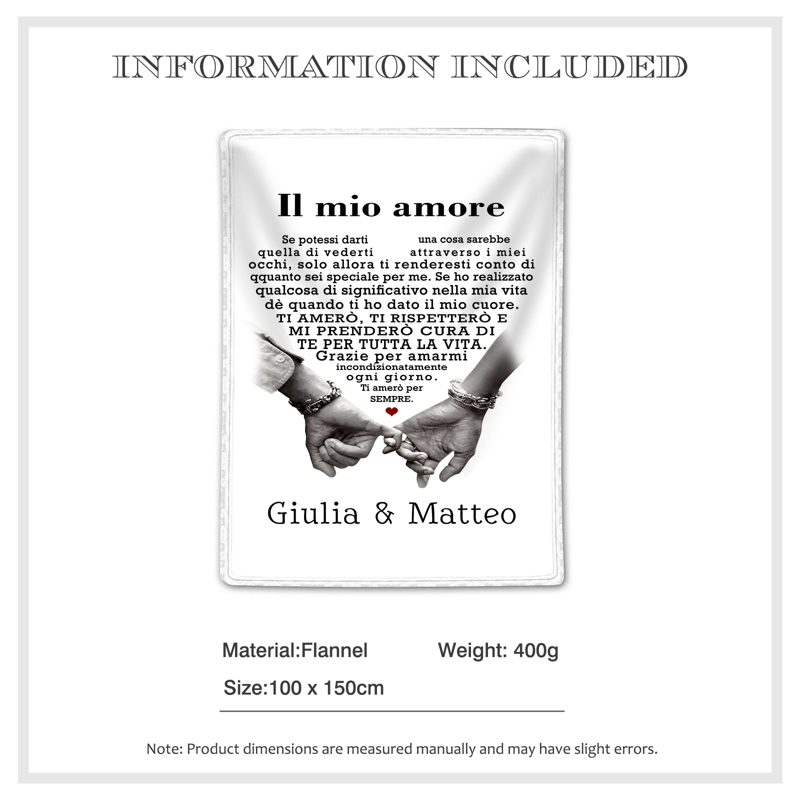 Coperta Personalizzata in Morbida Flanella con 2 Nomi - "Il mio amore" - Regalo di Natale per Lui/Lei | Jessemade