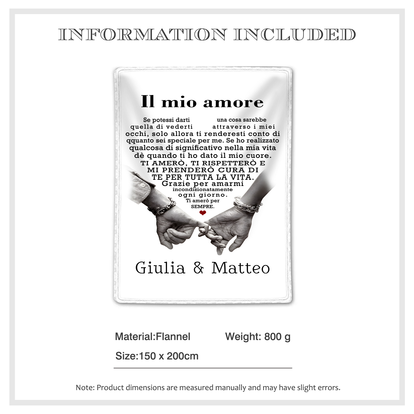 Coperta Personalizzata in Morbida Flanella con 2 Nomi - "Il mio amore" - Regalo di Natale per Lui/Lei | Jessemade