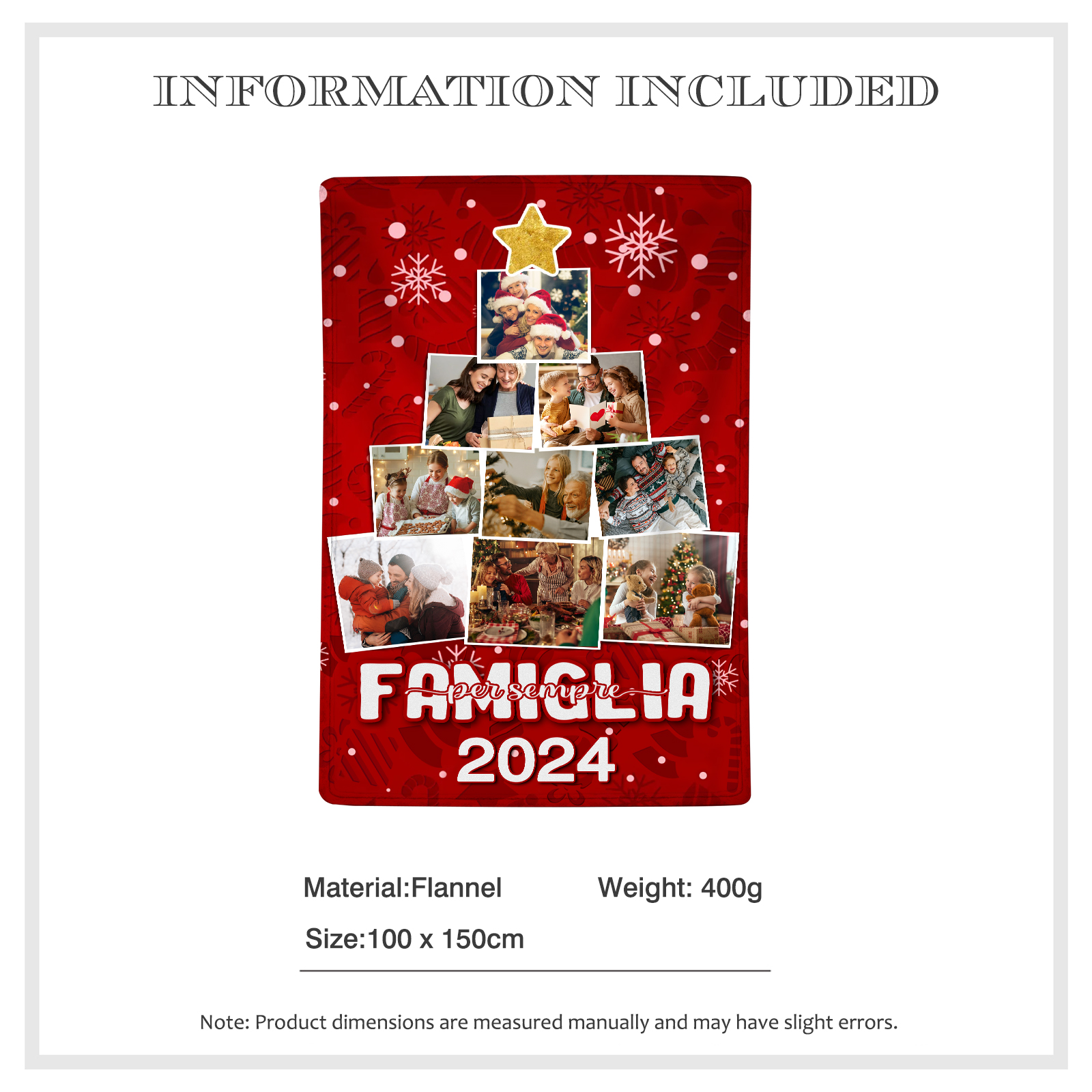 Coperta Rossa di Flanella Personalizzata con 9 foto della famiglia e 1 anno personalizzato Regalo di Natale per la famiglia | Jessemade