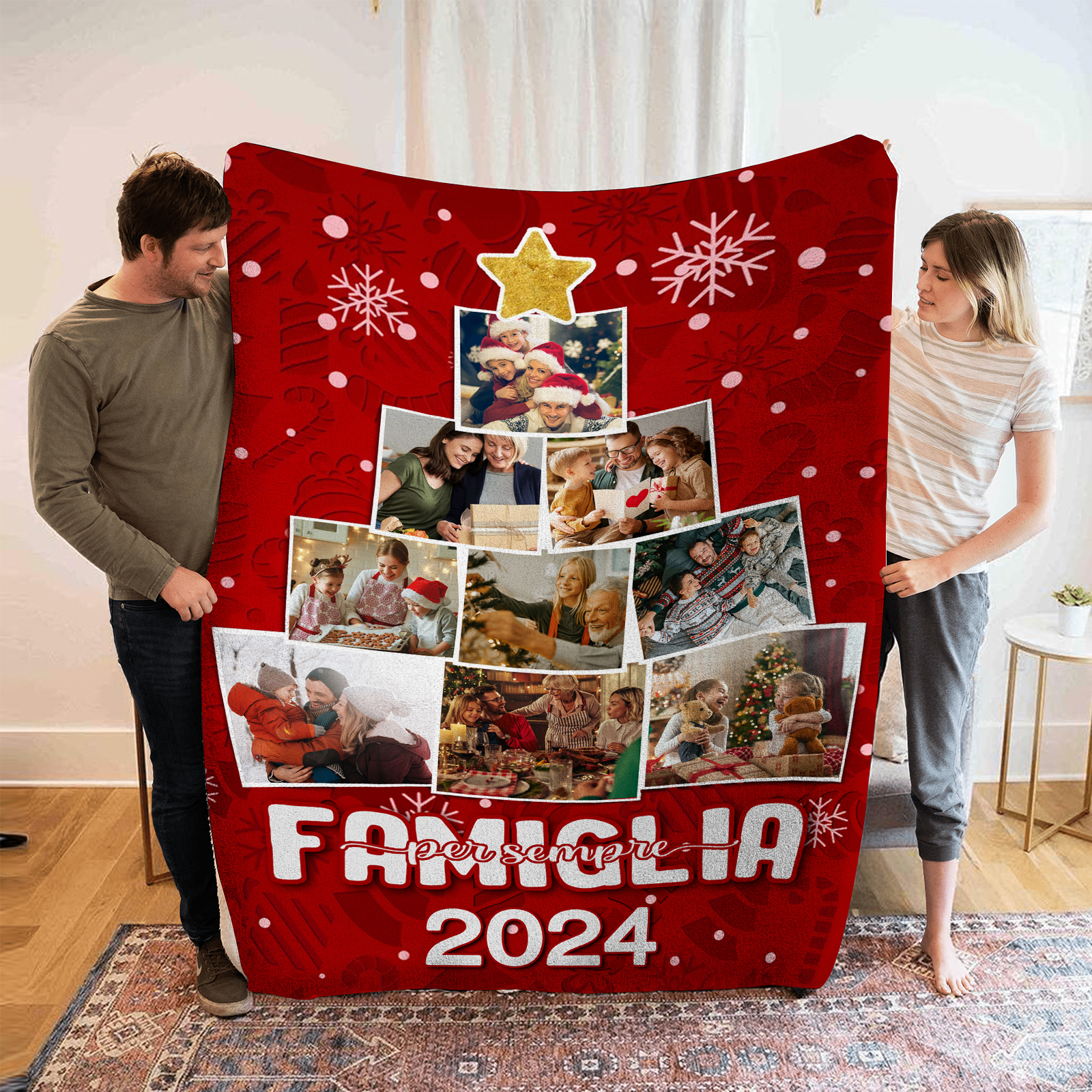 Coperta Rossa di Flanella Personalizzata con 9 foto della famiglia e 1