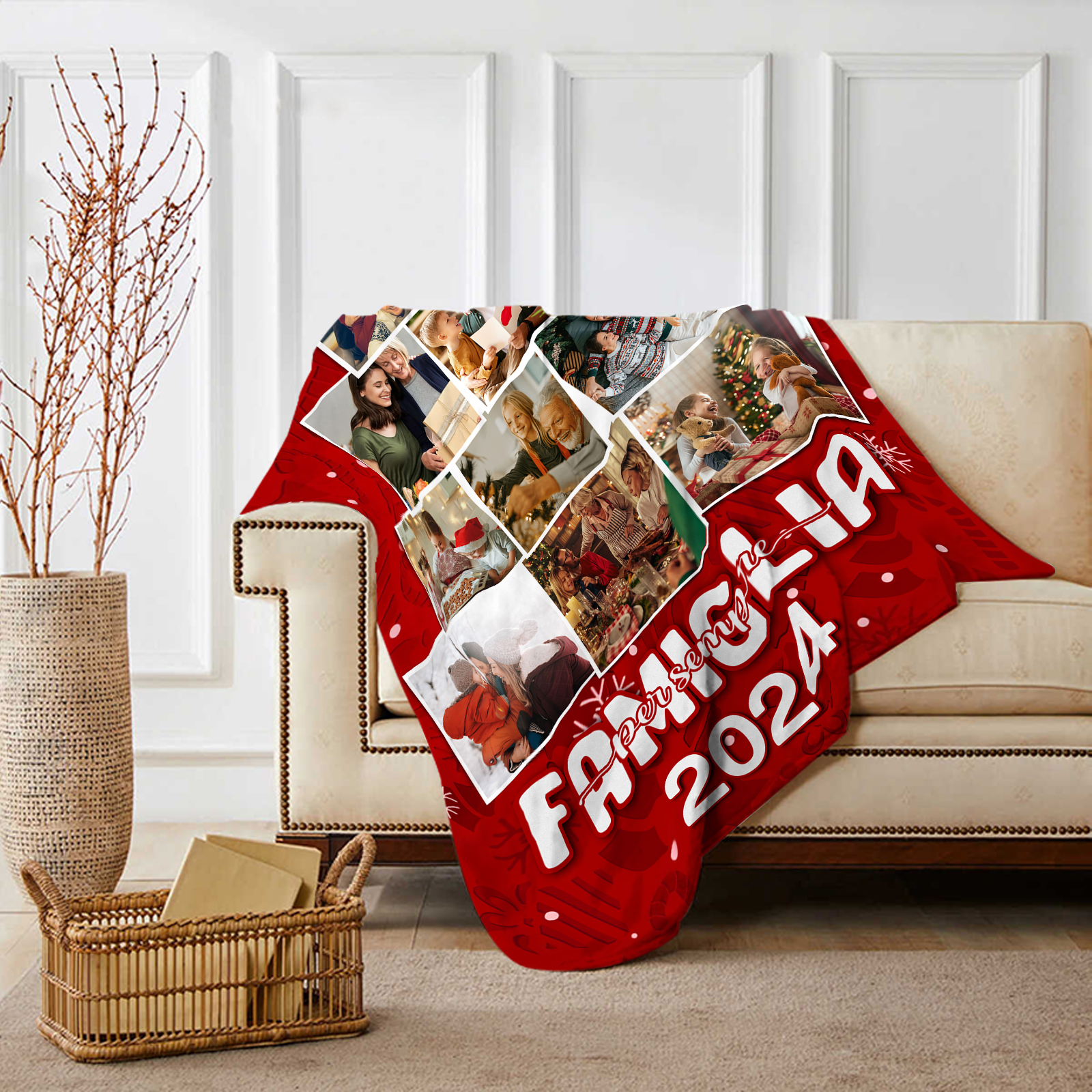 Coperta Rossa di Flanella Personalizzata con 9 foto della famiglia e 1 anno personalizzato Regalo di Natale per la famiglia | Jessemade