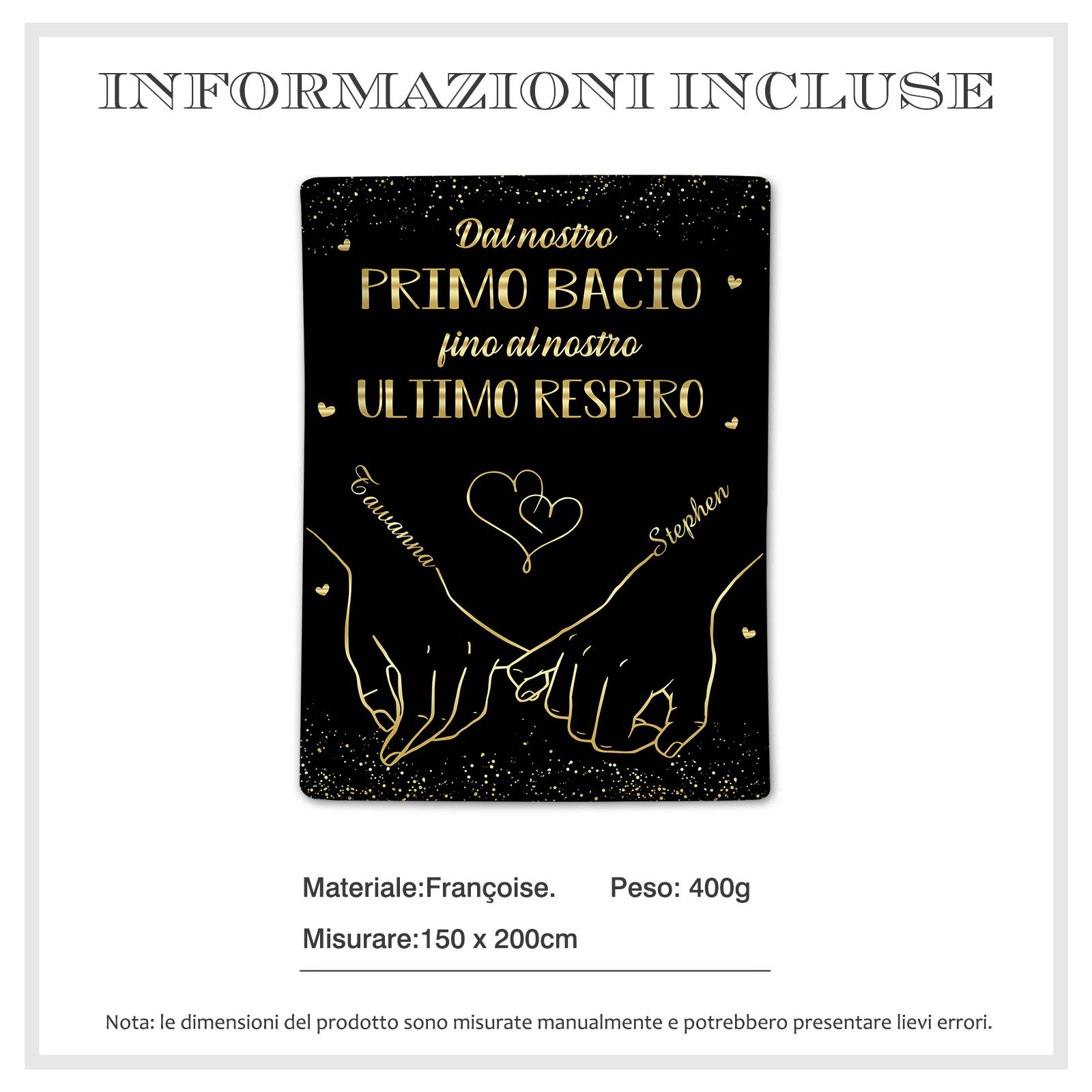 Coperta Personalizzata in Flanella Morbida con 2 Nomi - "Dal nostro primo bacio fino al nostro ultimo respiro" - Regalo di Natale per Lui/Lei | Jessemade