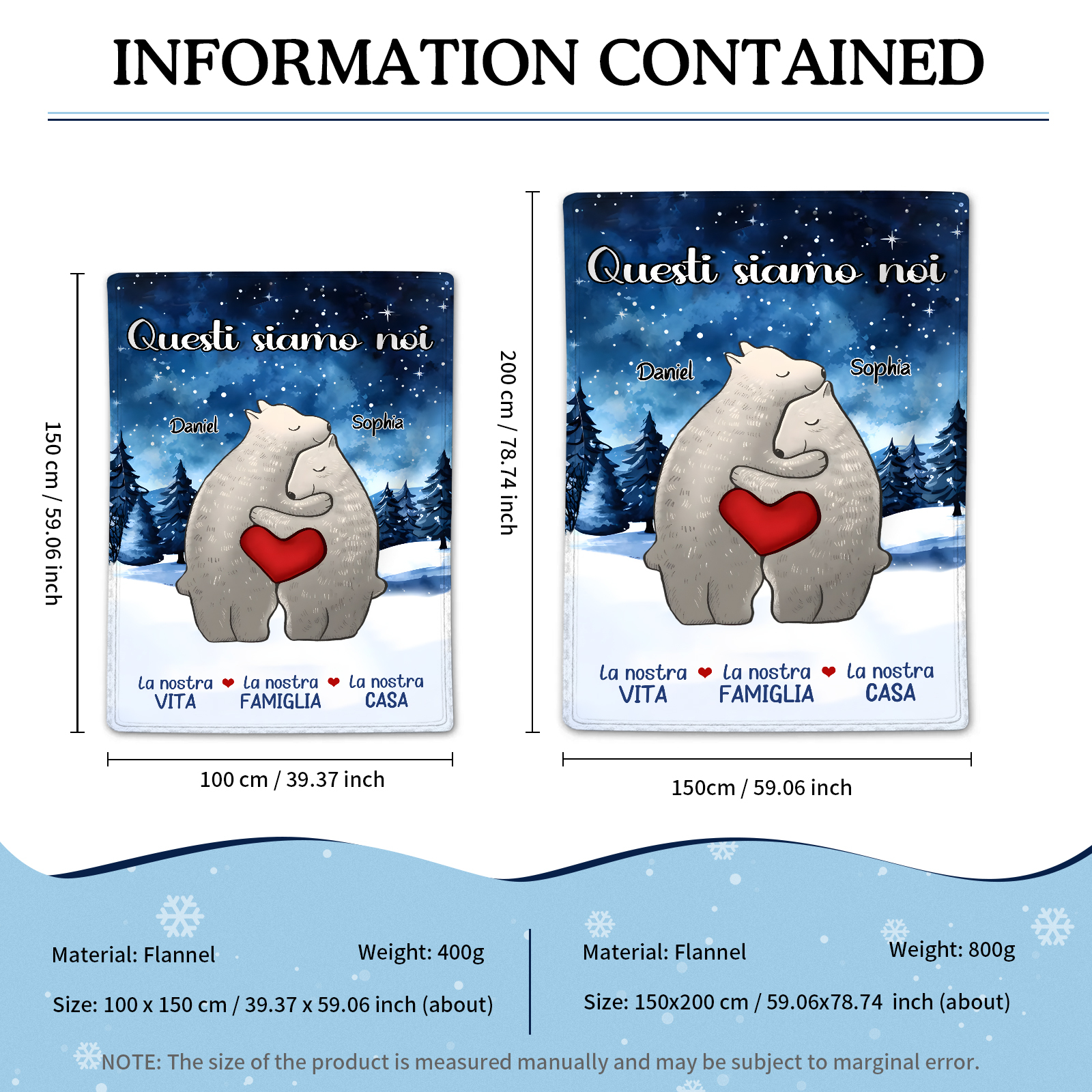 "Famiglia di Orzi"Coperta in flanella personalizzata con 2-6 nomi Regalo di Natale per la famiglia | Jessmade