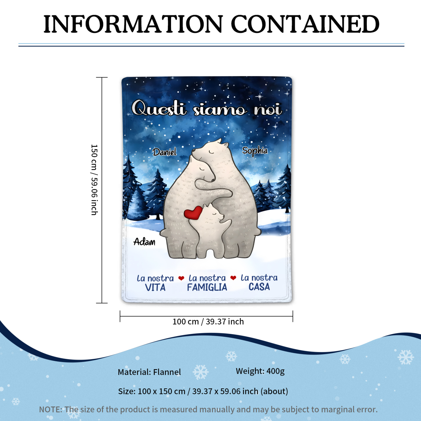 "Famiglia di Orzi"Coperta in flanella personalizzata con 2-6 nomi Regalo di Natale per la famiglia | Jessmade