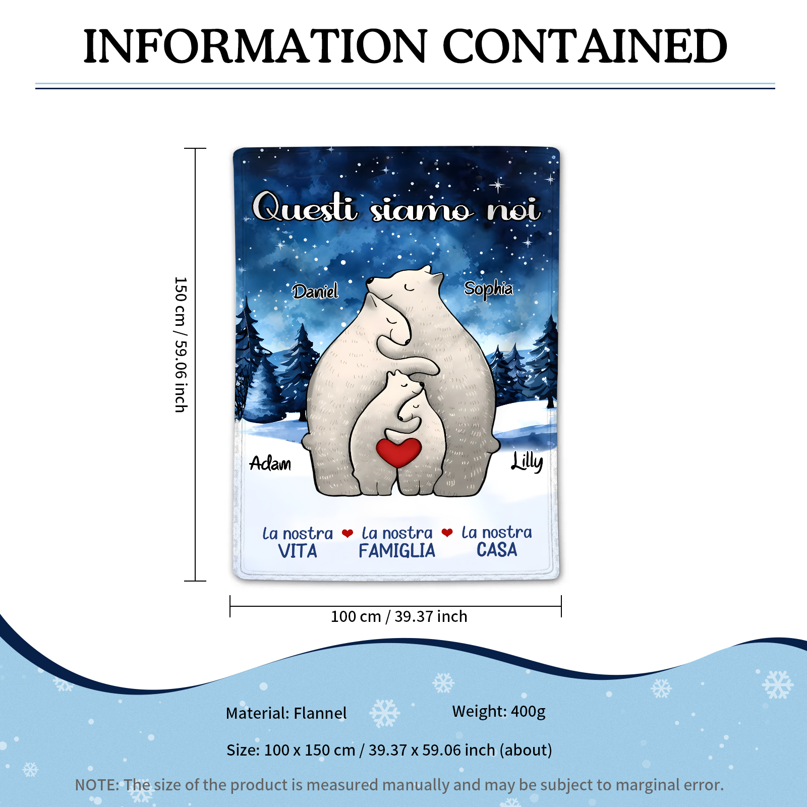 "Famiglia di Orzi"Coperta in flanella personalizzata con 2-6 nomi Regalo di Natale per la famiglia | Jessmade