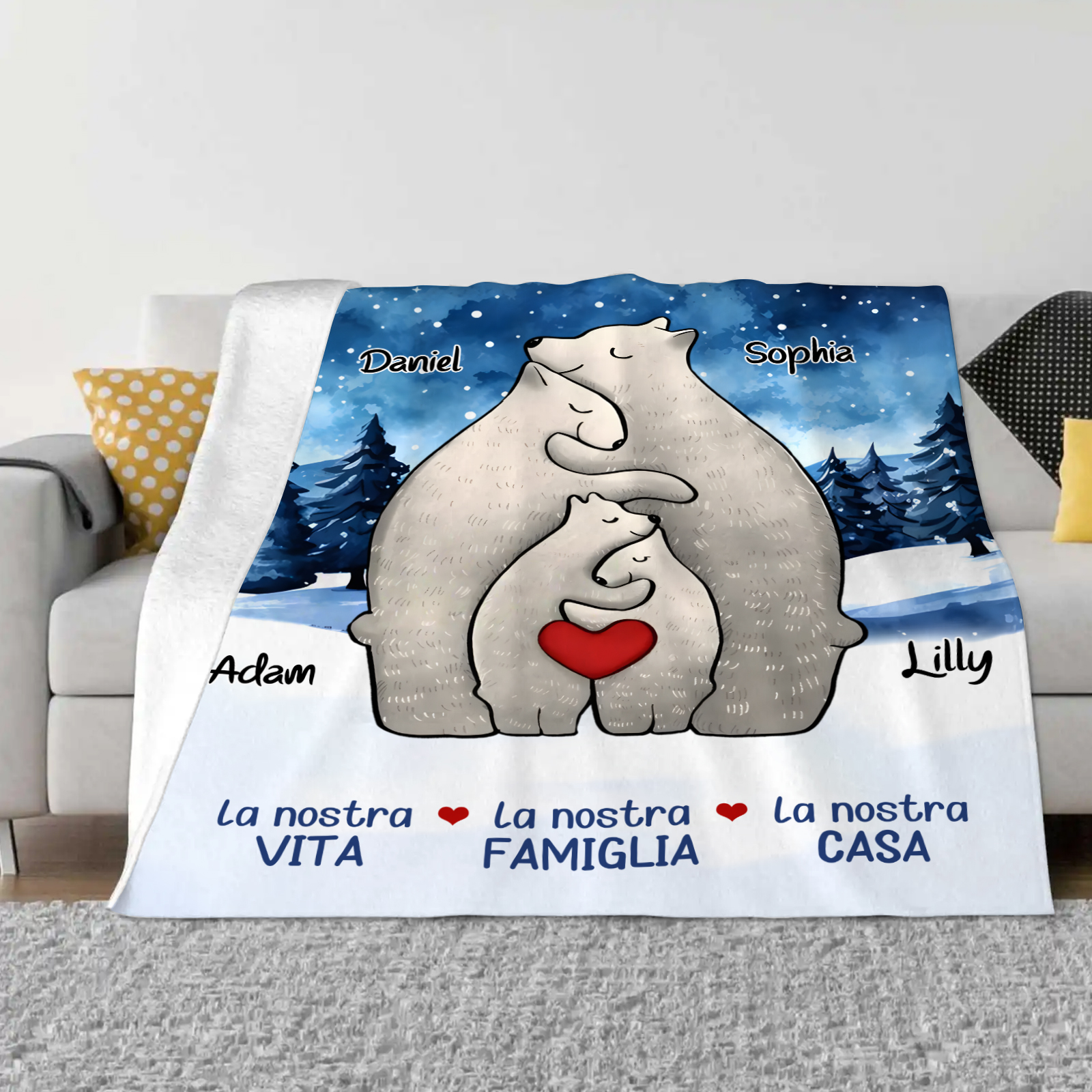 "Famiglia di Orzi"Coperta in flanella personalizzata con 2-6 nomi Regalo di Natale per la famiglia | Jessmade