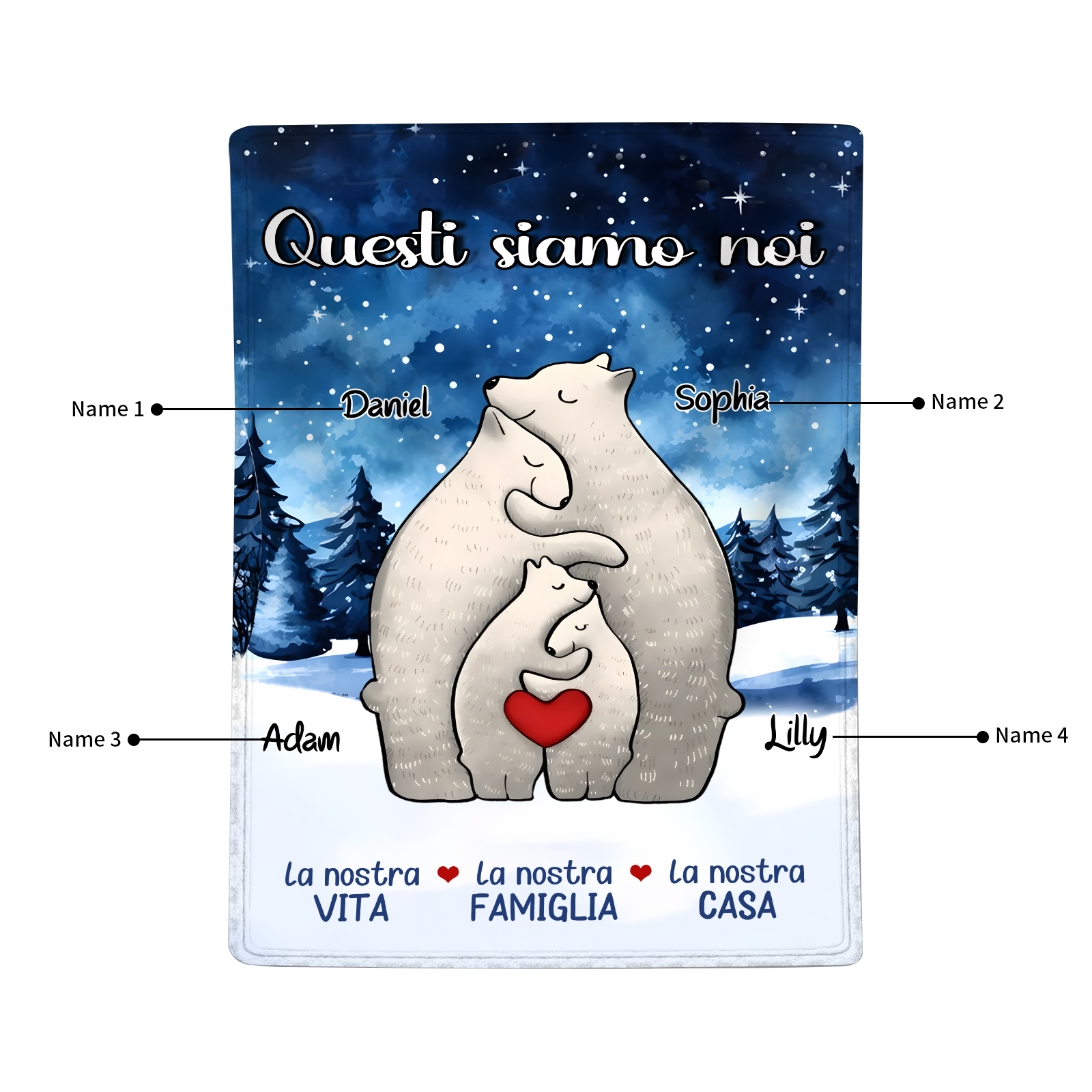 "Famiglia di Orzi"Coperta in flanella personalizzata con 2-6 nomi Regalo di Natale per la famiglia | Jessmade