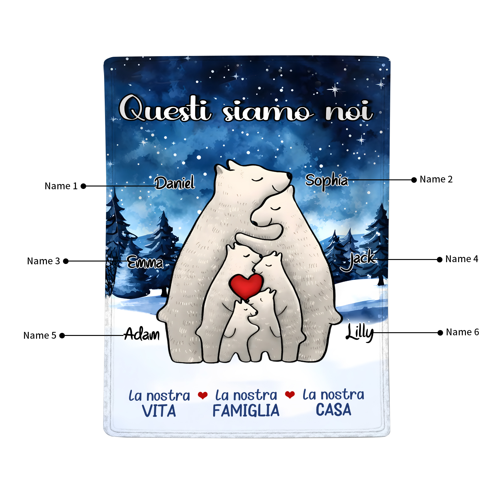 "Famiglia di Orzi"Coperta in flanella personalizzata con 2-6 nomi Regalo di Natale per la famiglia | Jessmade