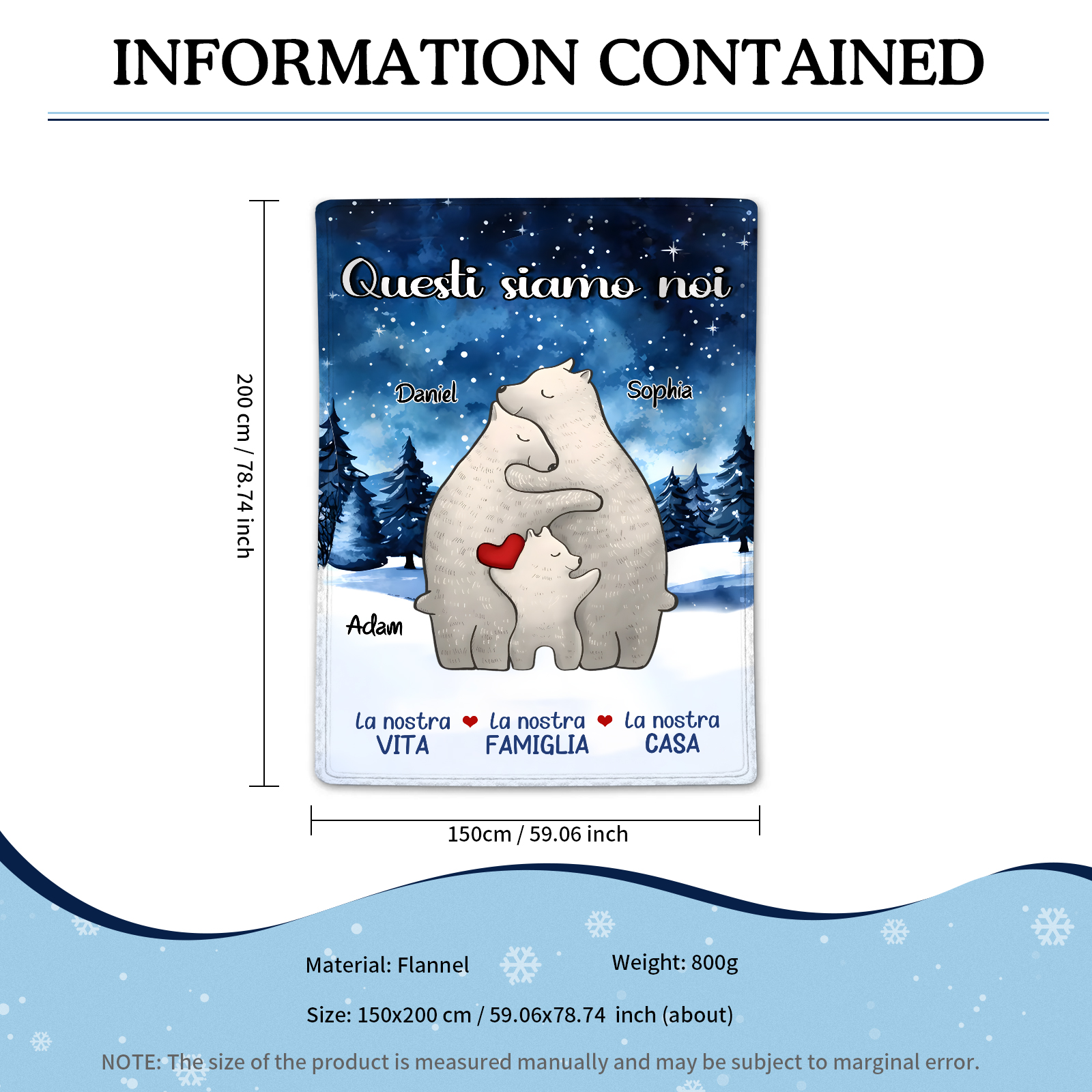 "Famiglia di Orzi"Coperta in flanella personalizzata con 2-6 nomi Regalo di Natale per la famiglia | Jessmade