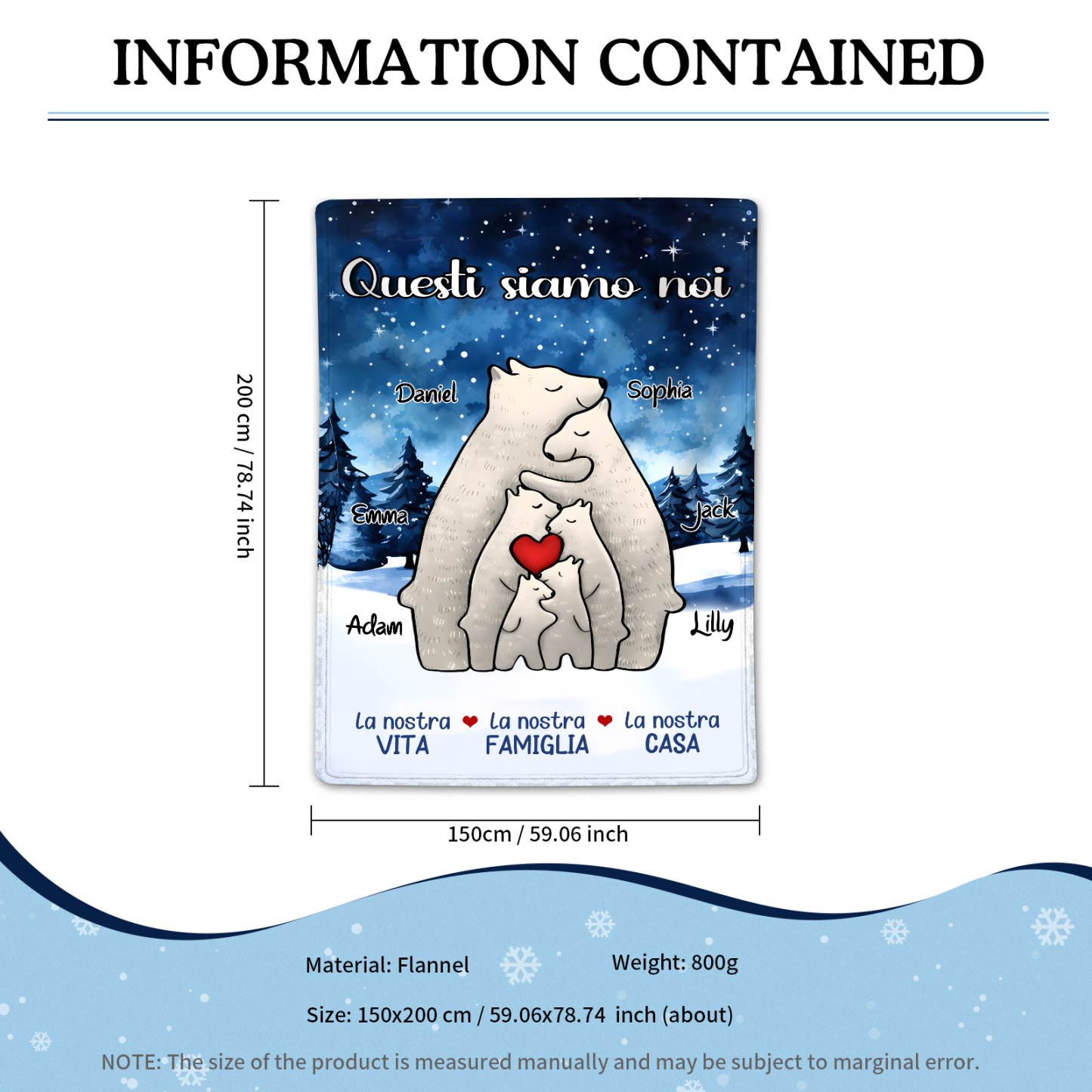 "Famiglia di Orzi"Coperta in flanella personalizzata con 2-6 nomi Regalo di Natale per la famiglia | Jessmade