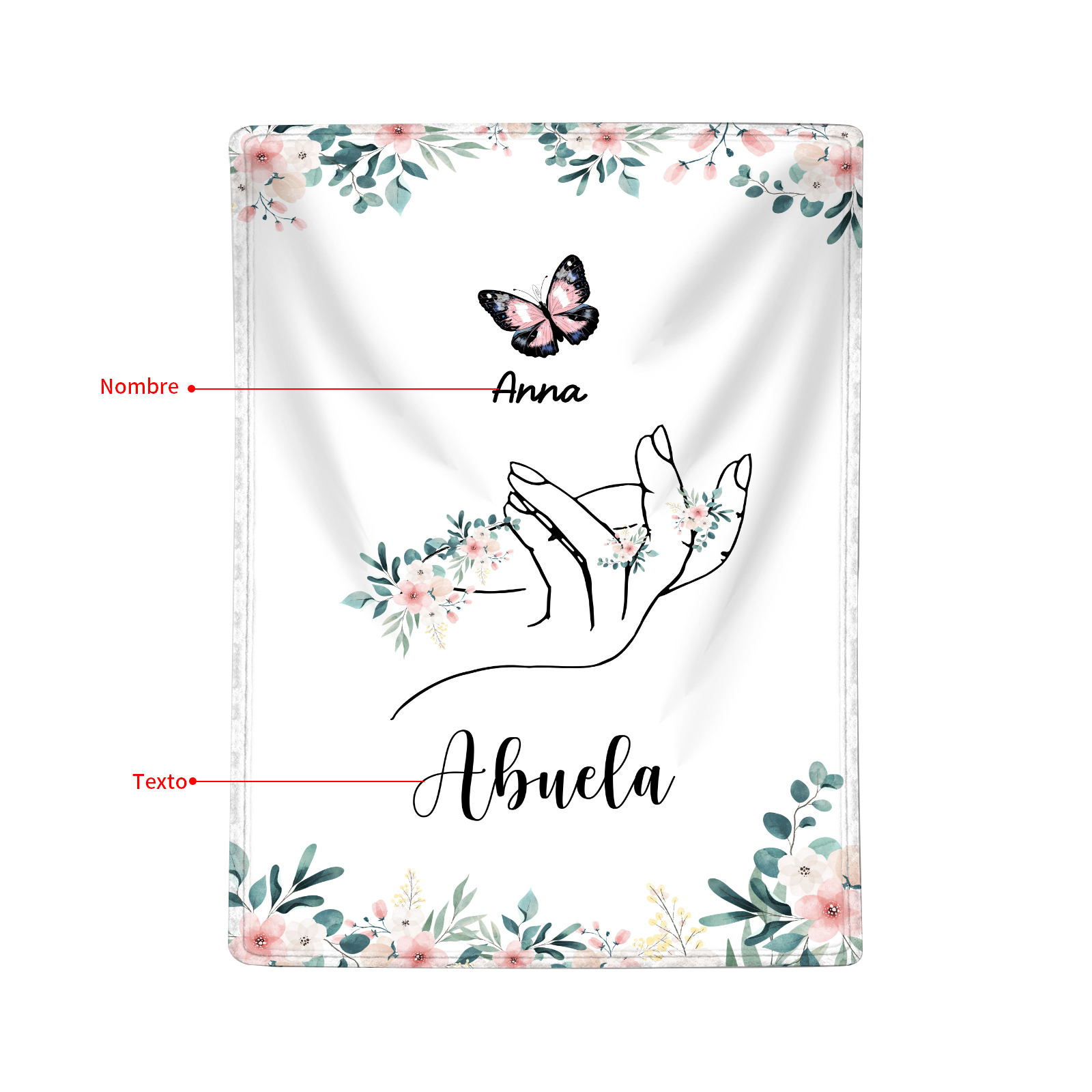 Coperta in flanella personalizzata con 2-6 nomi Regalo di Natale per la famiglia con elementi di Fiori e Farfalla | Jessmade