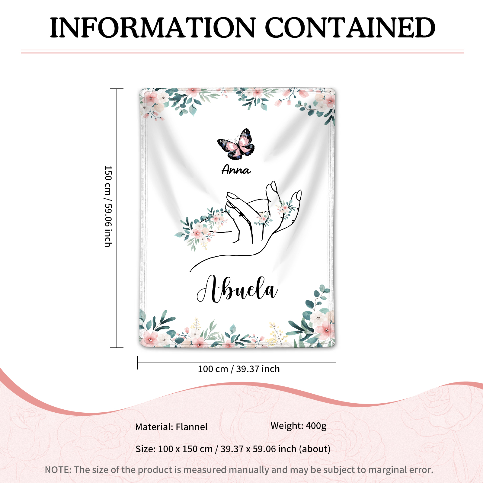 Coperta in flanella personalizzata con 2-6 nomi Regalo di Natale per la famiglia con elementi di Fiori e Farfalla | Jessmade