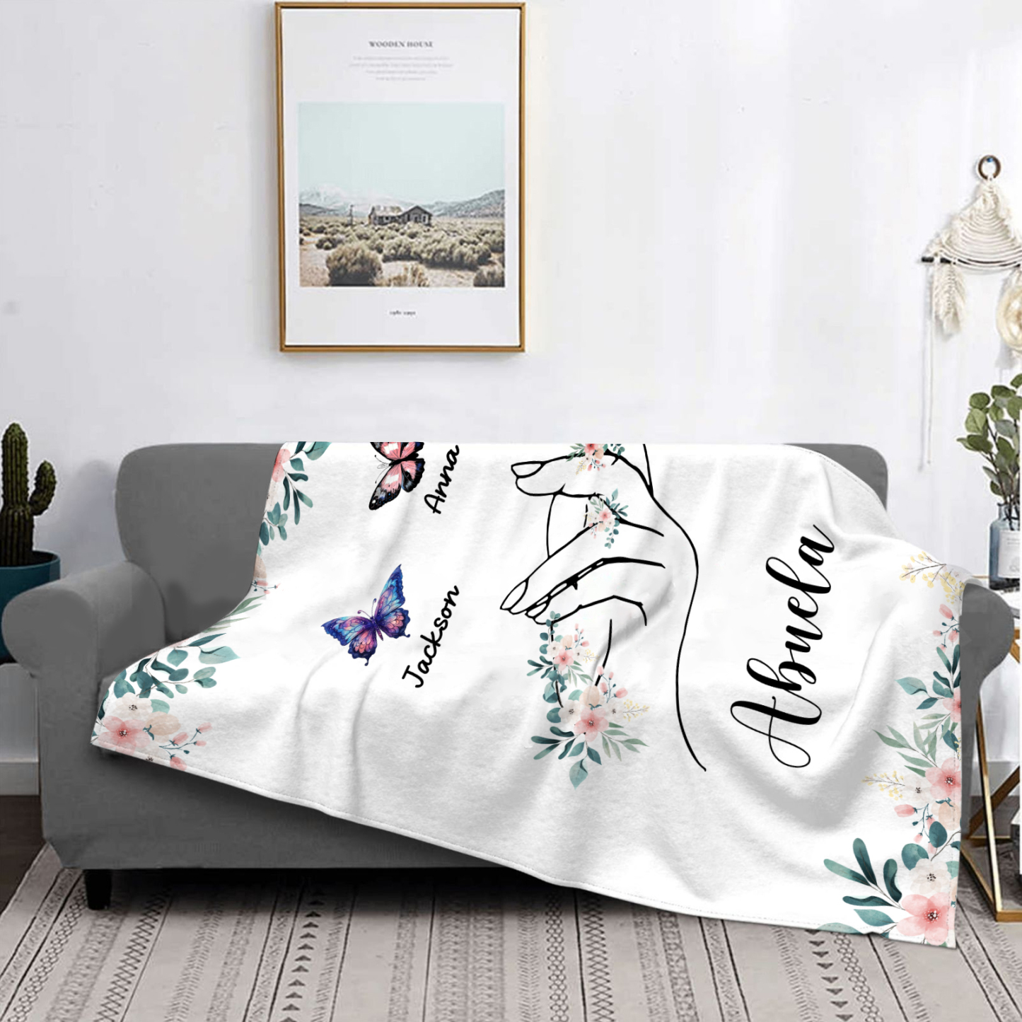 Coperta in flanella personalizzata con 2-6 nomi Regalo di Natale per la famiglia con elementi di Fiori e Farfalla | Jessmade