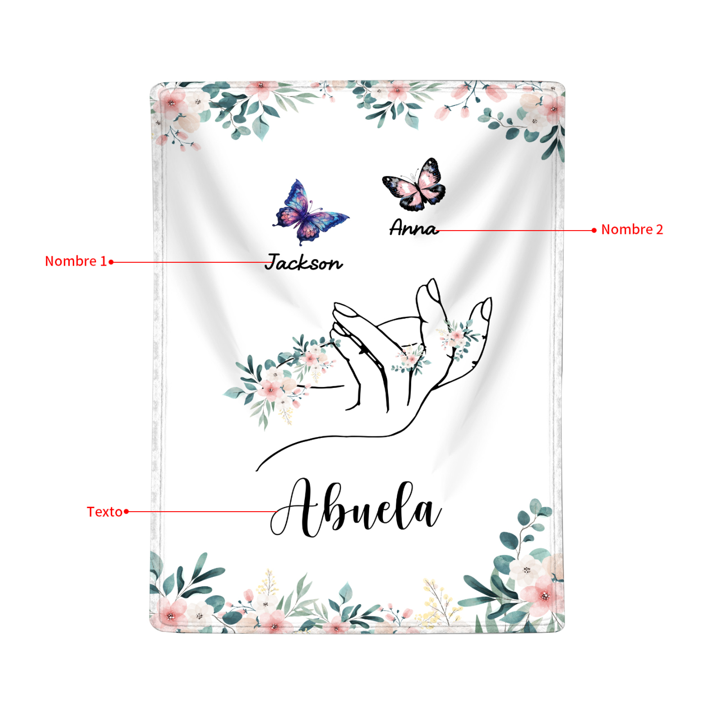 Coperta in flanella personalizzata con 2-6 nomi Regalo di Natale per la famiglia con elementi di Fiori e Farfalla | Jessmade