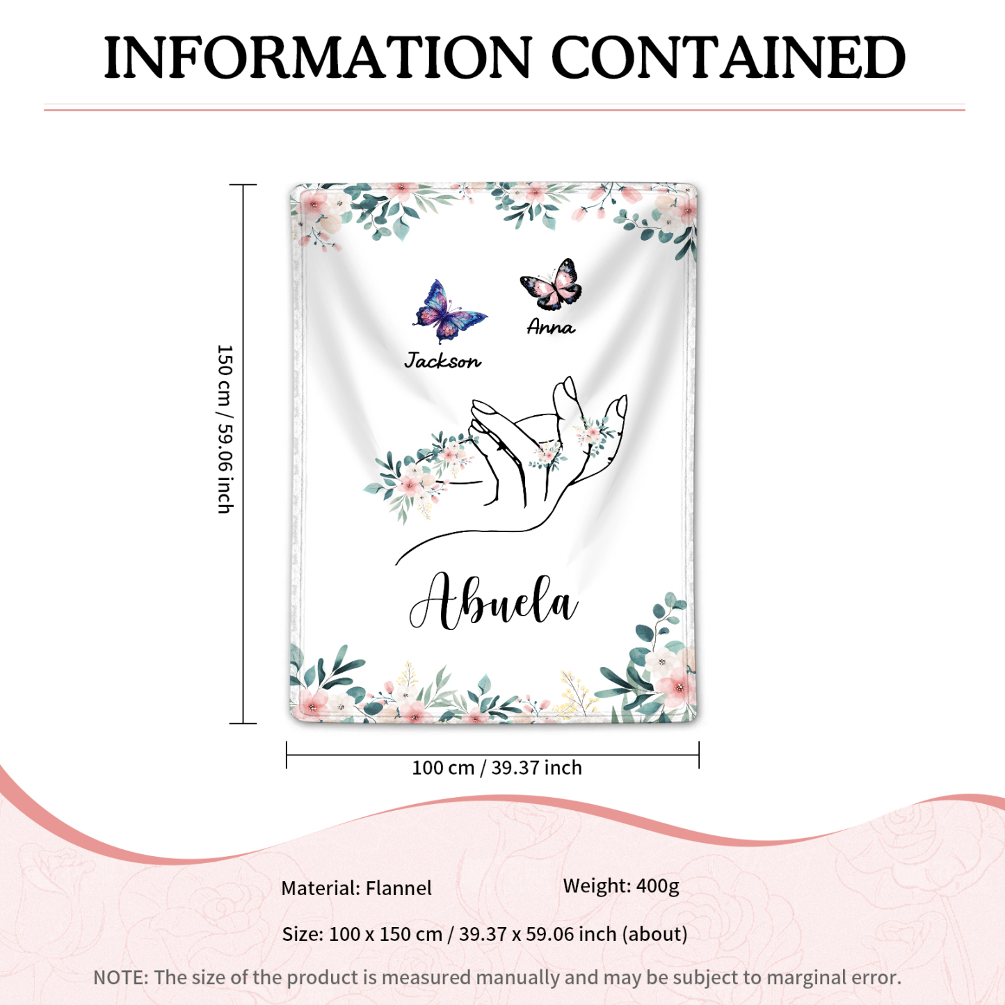 Coperta in flanella personalizzata con 2-6 nomi Regalo di Natale per la famiglia con elementi di Fiori e Farfalla | Jessmade